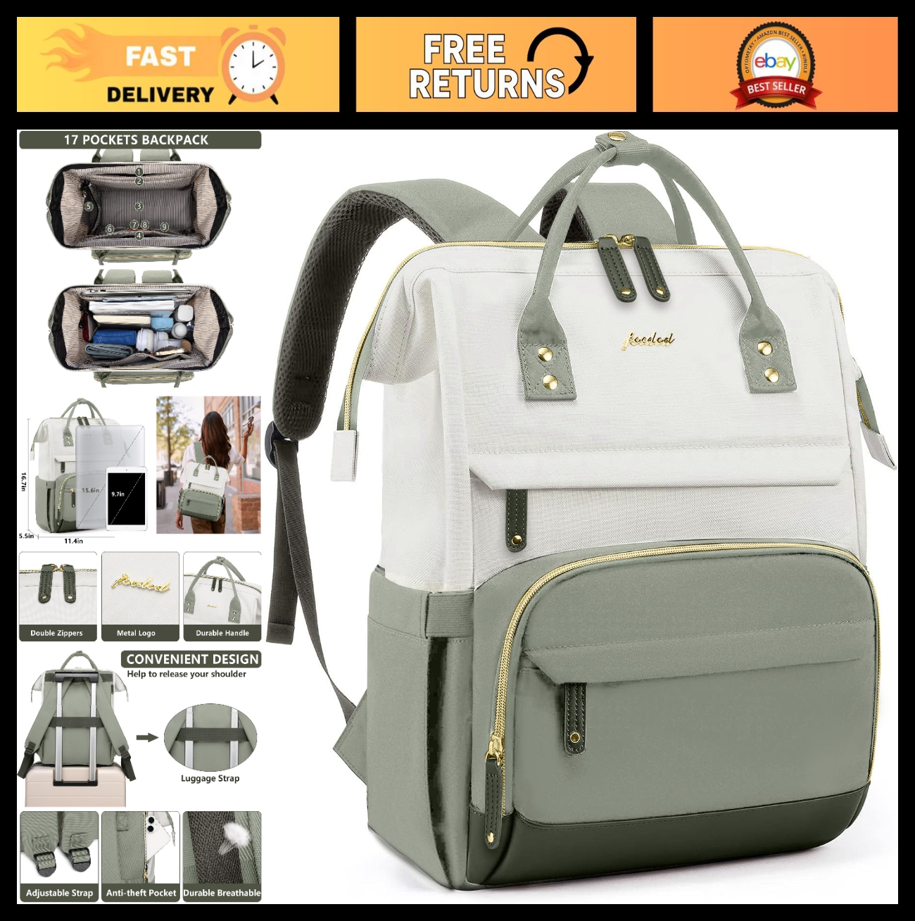 Stylish 15.6" Laptop Backpack for Women   Waterproof Travel Work Bag, Bookbag, P0