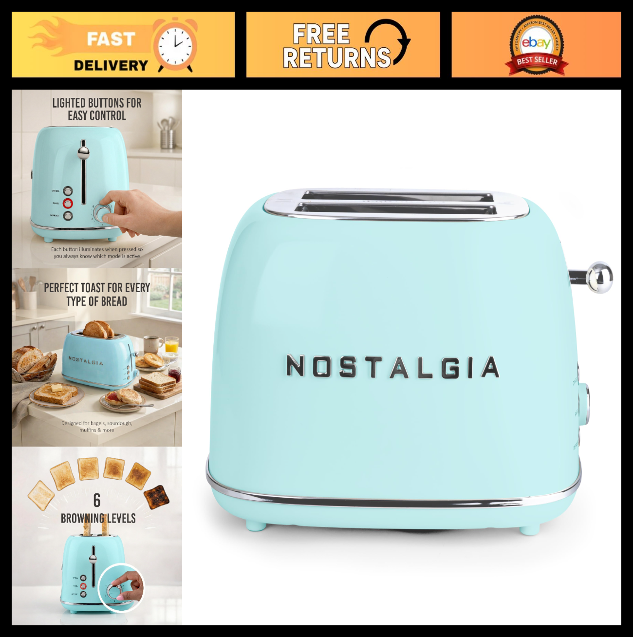 Vintage Retro 2 Slice Toaster   Enamel Coated Steel, Wide Slots, 6 Toast Levels,0