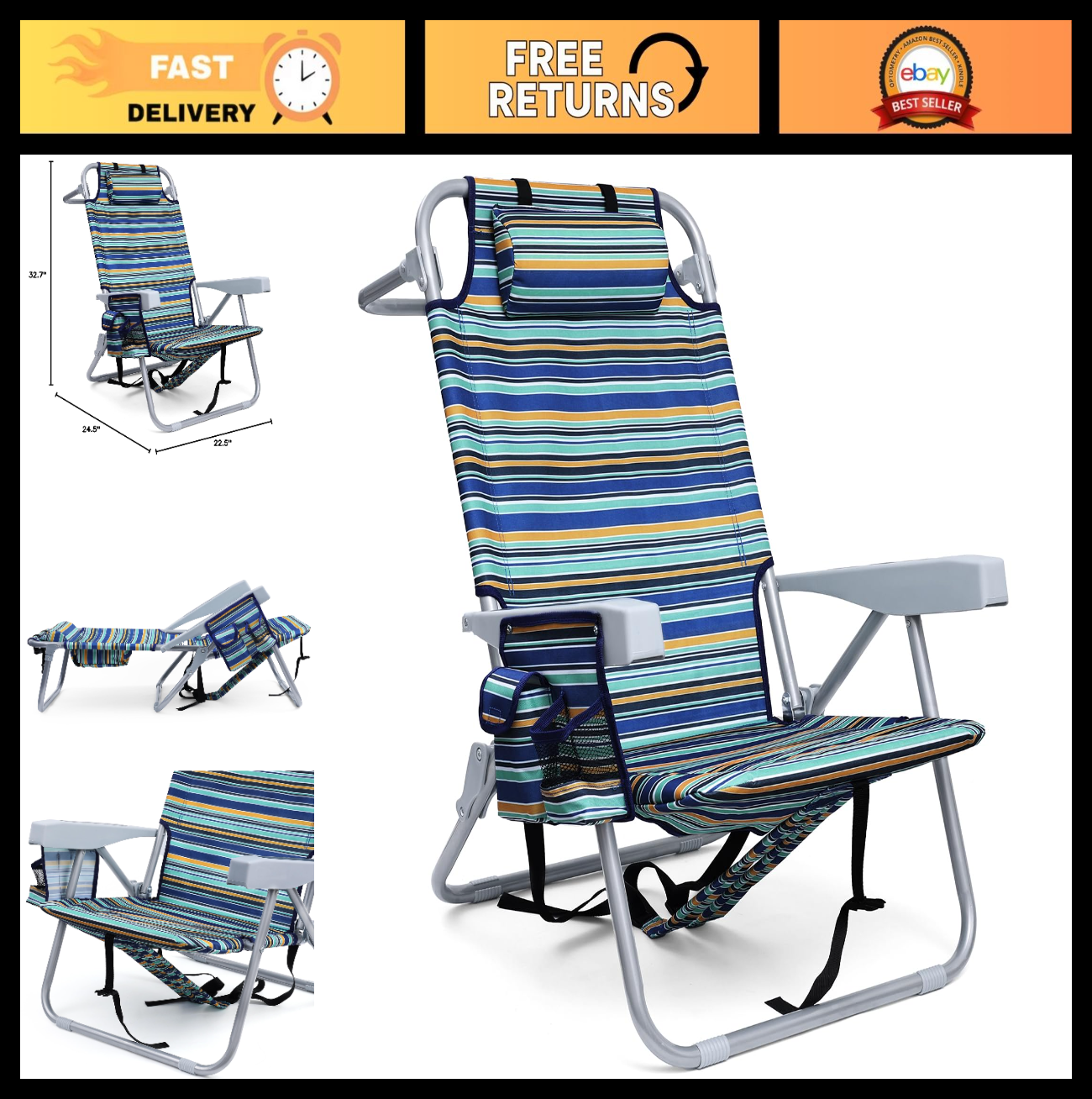 Folding Beach Chair with Cooler Pouch, 4-Position Heavy Duty, Supports 350lbs0