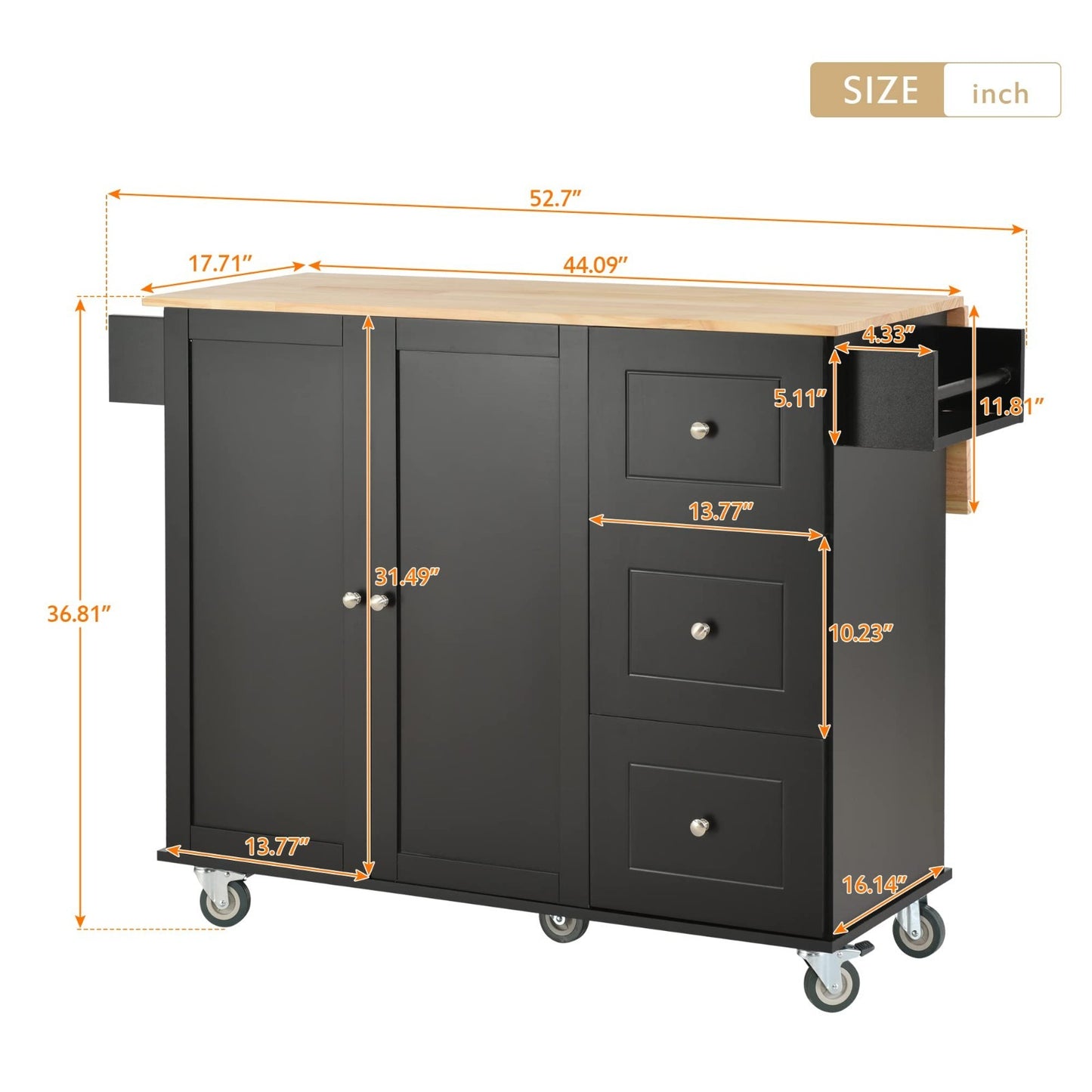 Mobile Kitchen Island with Solid Wood Top, Locking Wheels, Storage & Drop Leaf B2