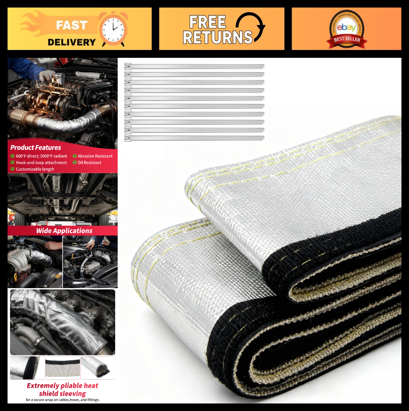 Aluminized Heat Shield Sleeve 3/4" ID x 10FT | Wire & Hose Protection Wrap, 10 T0