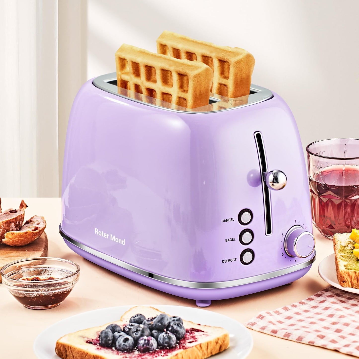 Retro Stainless Steel 2 Slice Toaster with Bagel, Cancel, Defrost, 6 Shade Setti7