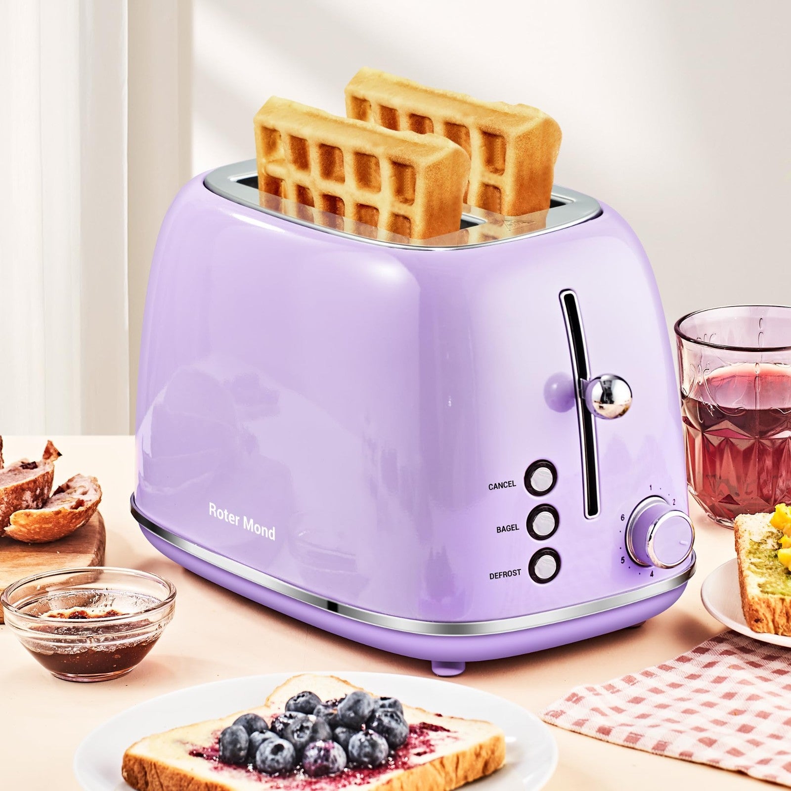 Retro Stainless Steel 2 Slice Toaster with Bagel, Cancel, Defrost, 6 Shade Setti7