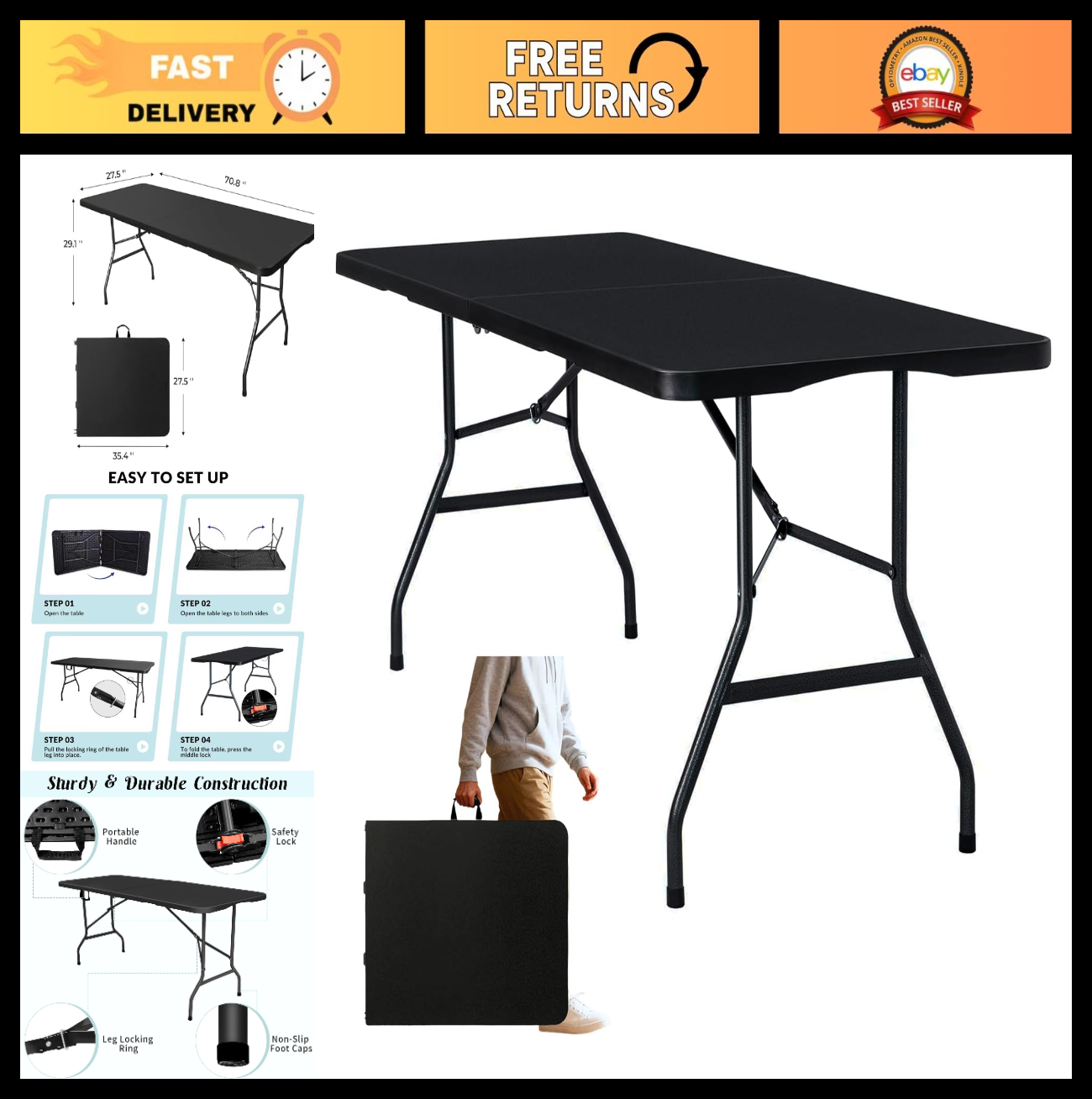 6ft Folding Table with Handle & Steel Legs - Heavy Duty Portable for Events, BBQ0
