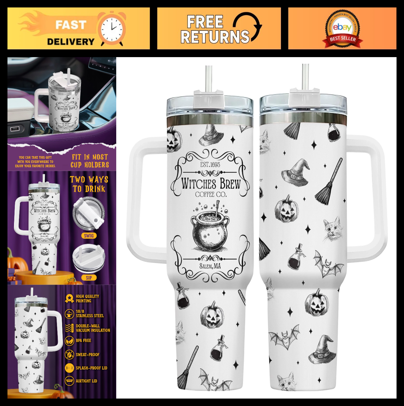 34oz Insulated Witches Brew Coffee Tumbler with Handle & Straw   Perfect Gift!0