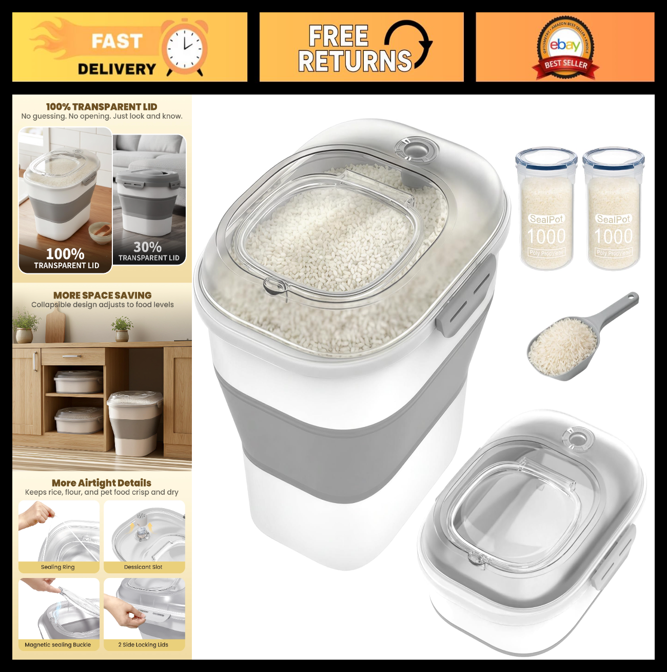 50Lbs Collapsible Airtight Rice Storage Container, Food Organizer, Space Saving0