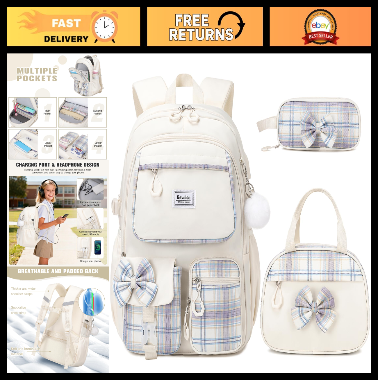 Cute Bow Backpack for Girls   School Bag with Lunch Bag & Pen Case, Stylish & Fu0