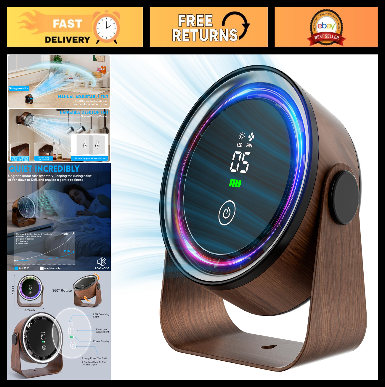 Rechargeable Small Desk Fan 5000mAh   Retro Portable 5 Speed, Low Noise, 360° Ro0