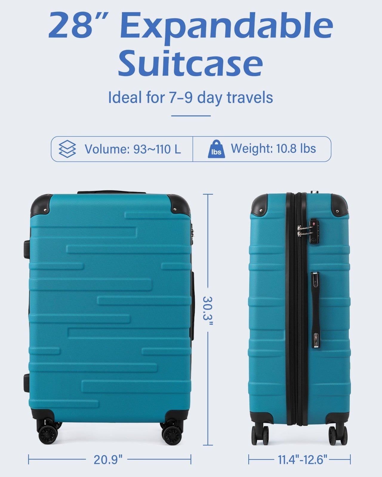 28" Hardside ABS Luggage with TSA Lock, 360° Spinner Wheels, Expandable, Scratch7