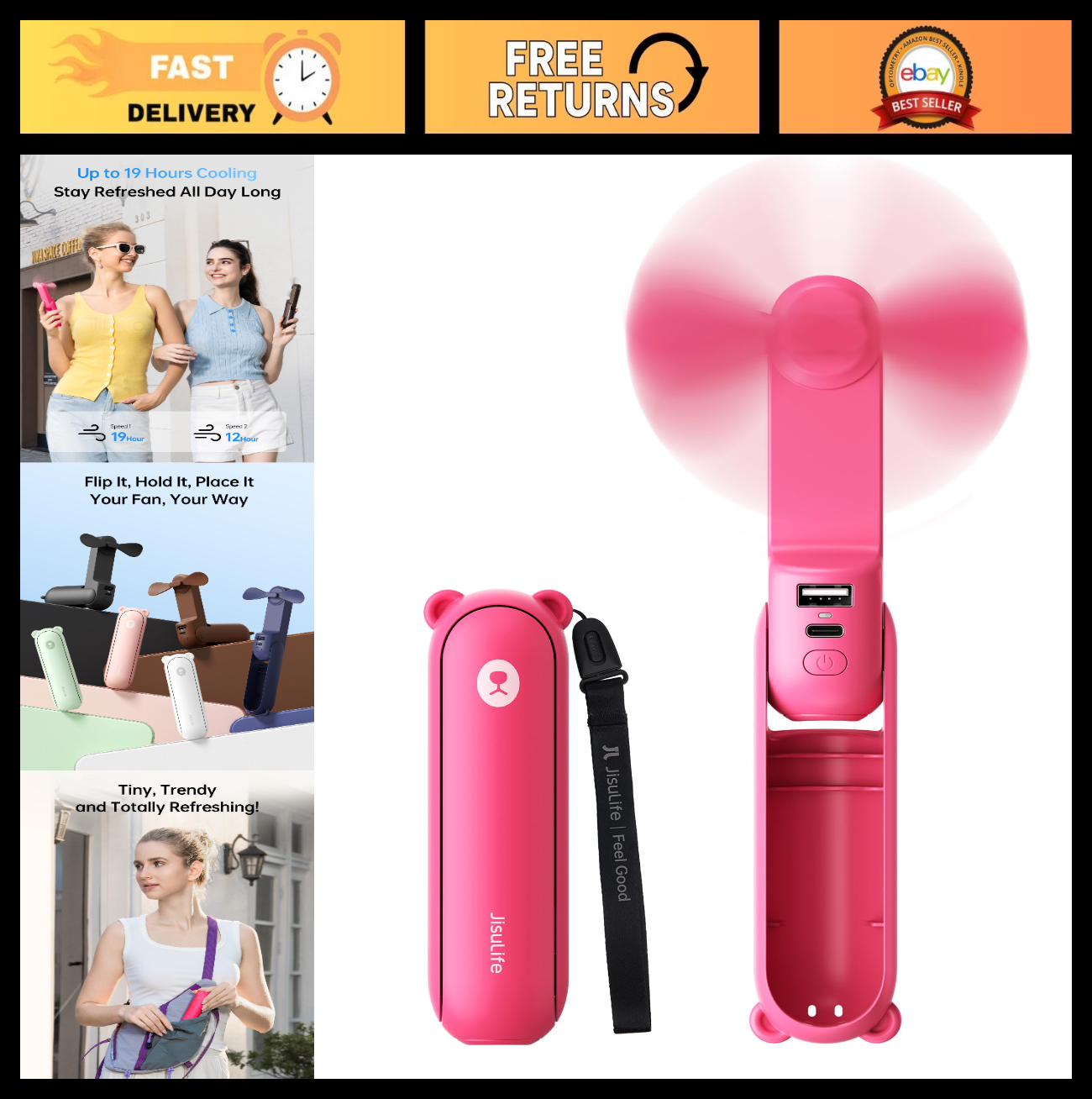 3 in 1 Portable Fan with Power Bank & Flashlight | USB Rechargeable, 19H Cooling0