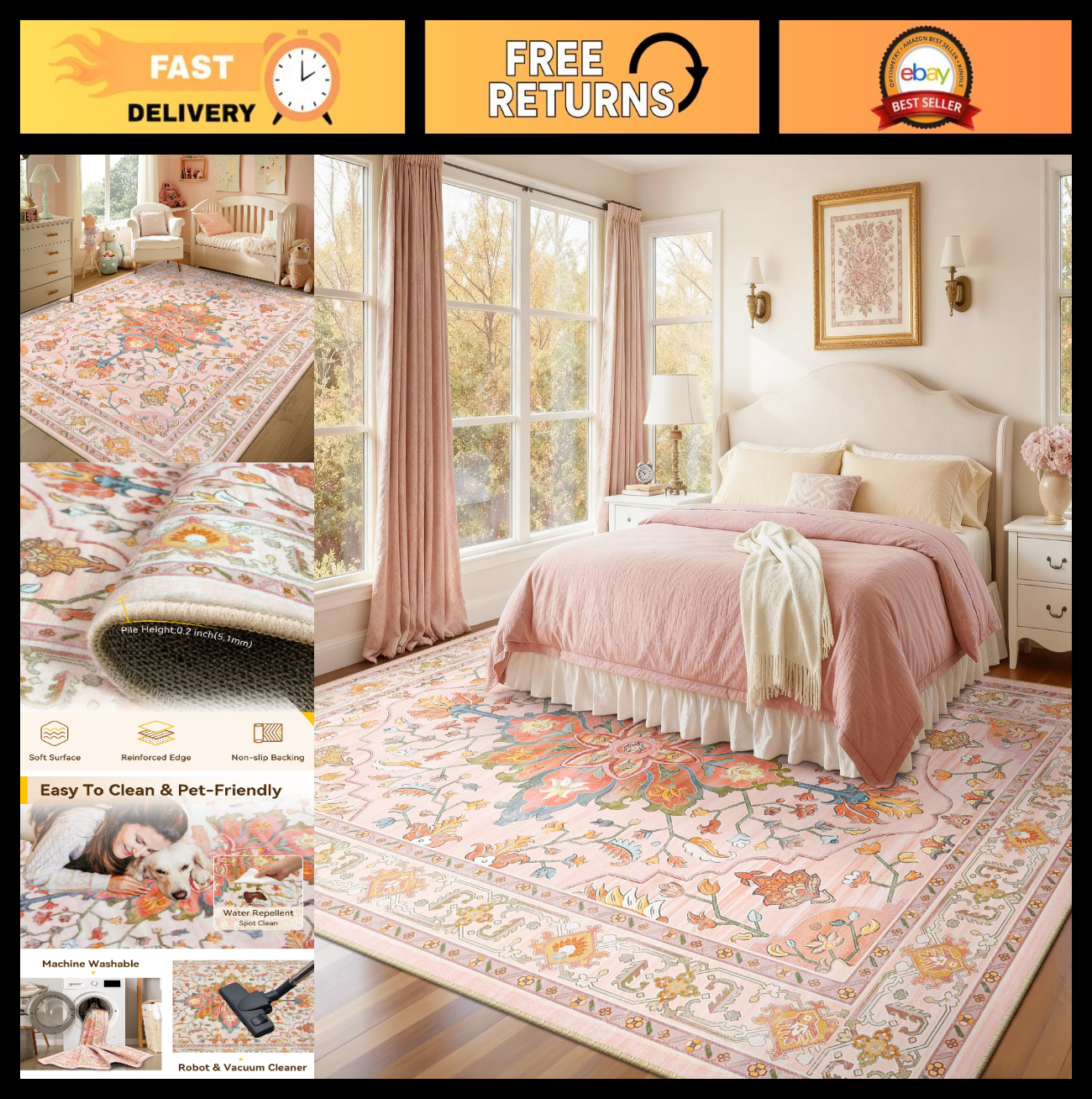 Washable 8'x10' Area Rug   Non Slip, Water Repellent, Pet Friendly, Vintage Flor0