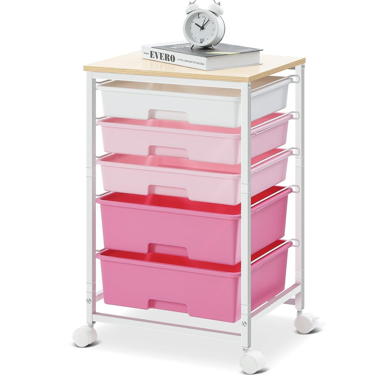 5 Drawer Utility Cart with Wooden Top, Rolling Craft Trolley, Lockable Wheels, P1