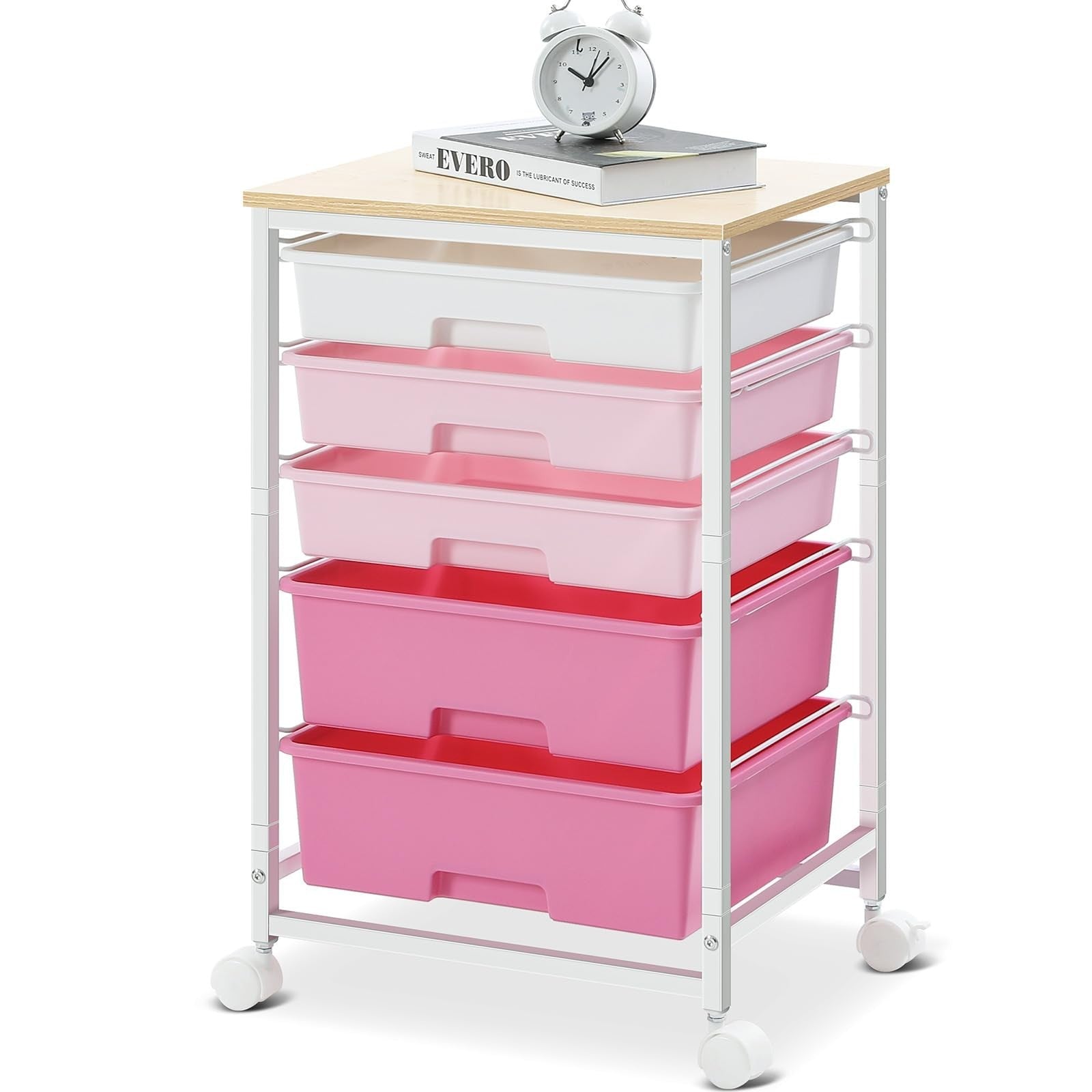 5 Drawer Utility Cart with Wooden Top, Rolling Craft Trolley, Lockable Wheels, P1