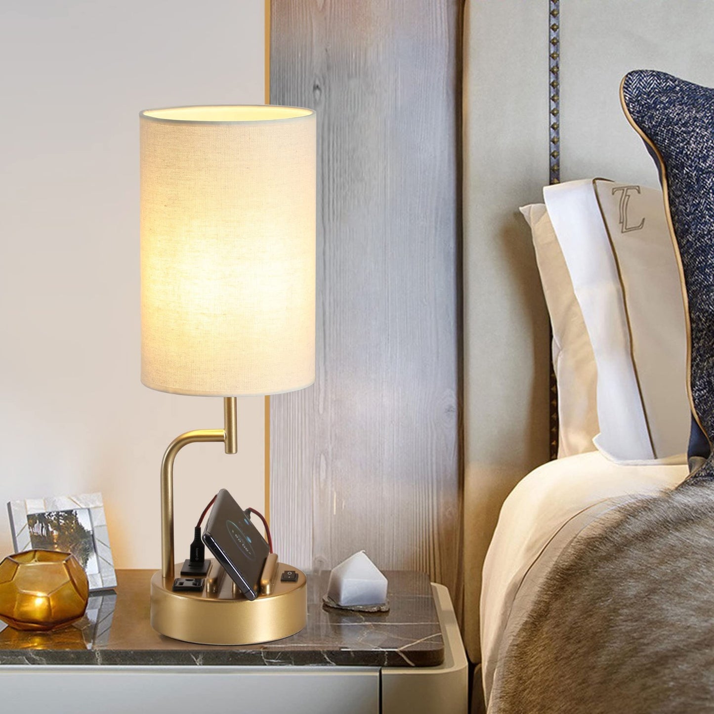 Modern Table Lamp with 3 USB Ports & AC Outlet, Bedside Desk Light, Set of 2   G4