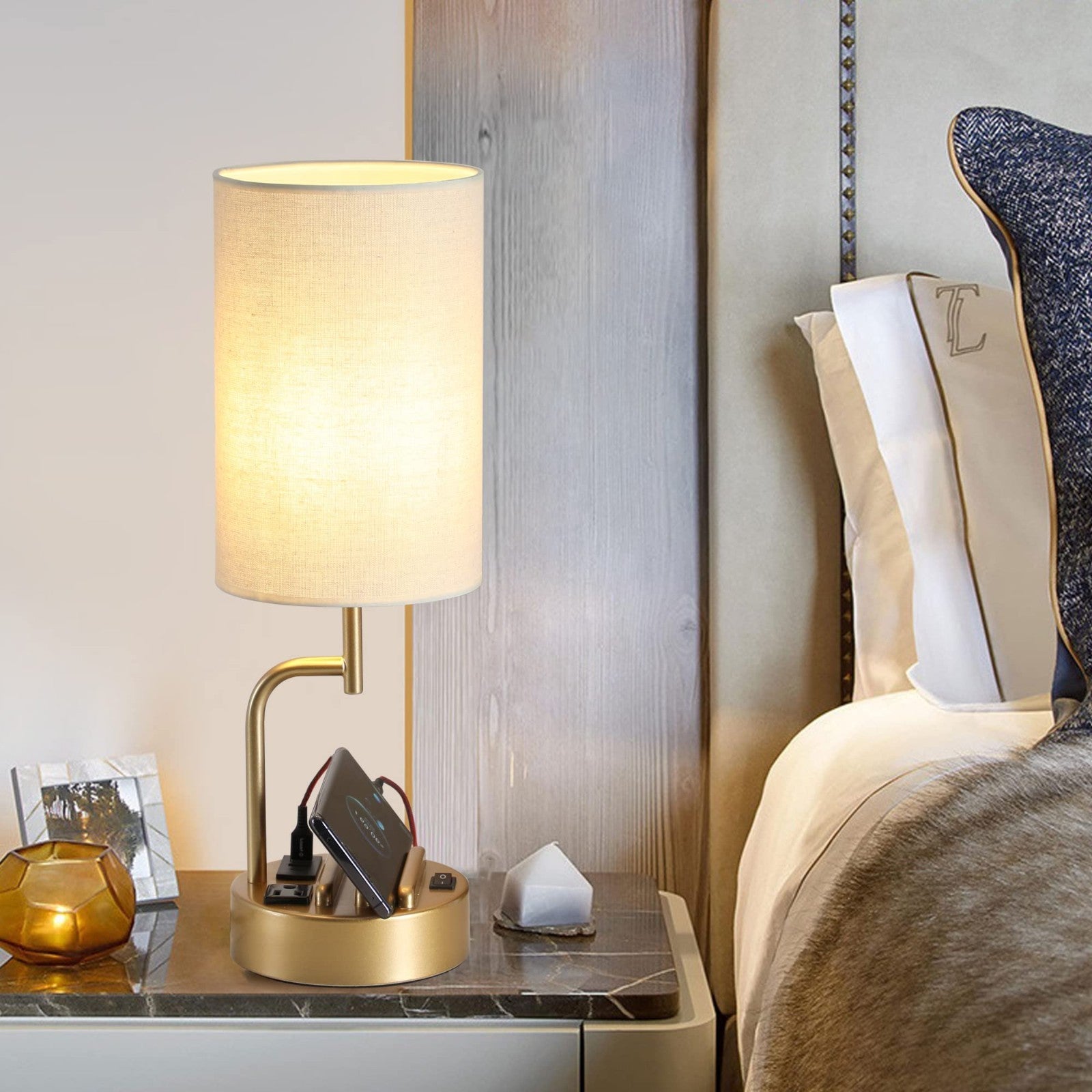 Modern Table Lamp with 3 USB Ports & AC Outlet, Bedside Desk Light, Set of 2   G4