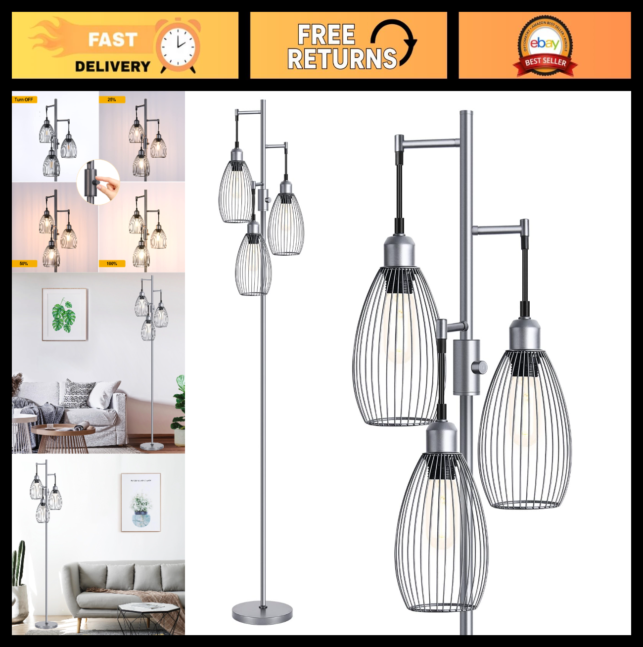 Dimmable Industrial Floor Lamp with 3 LED Edison Bulbs, Elegant Teardrop Design,0