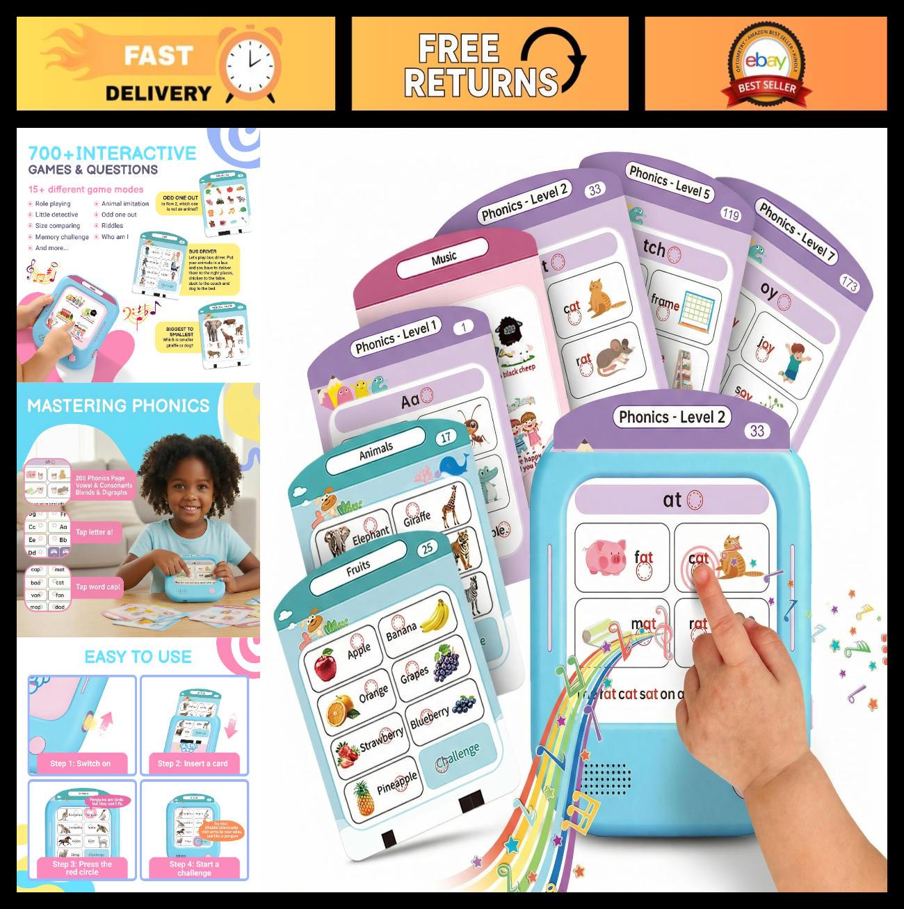 Interactive Talking Flash Cards for Kids, Phonics Learning, 1200+ Words, 700+ Ga0