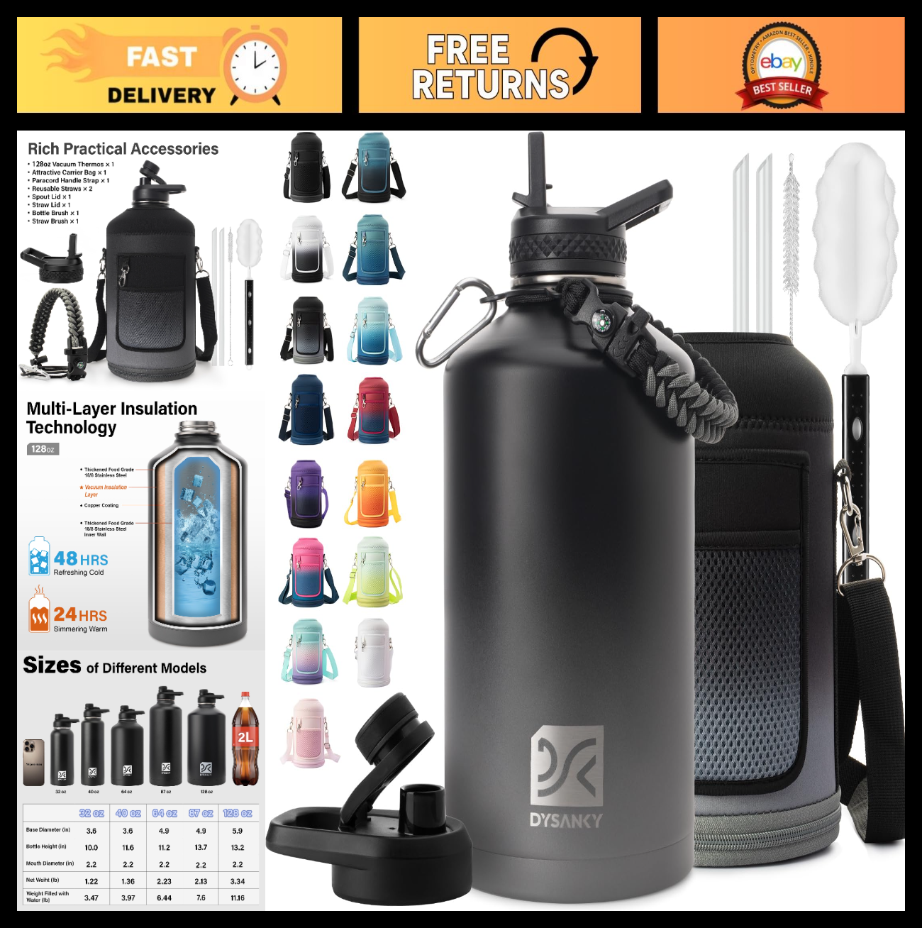 1 Gallon Insulated Water Bottle - Thick Stainless Steel Vacuum Jug for Gym, Hiki0
