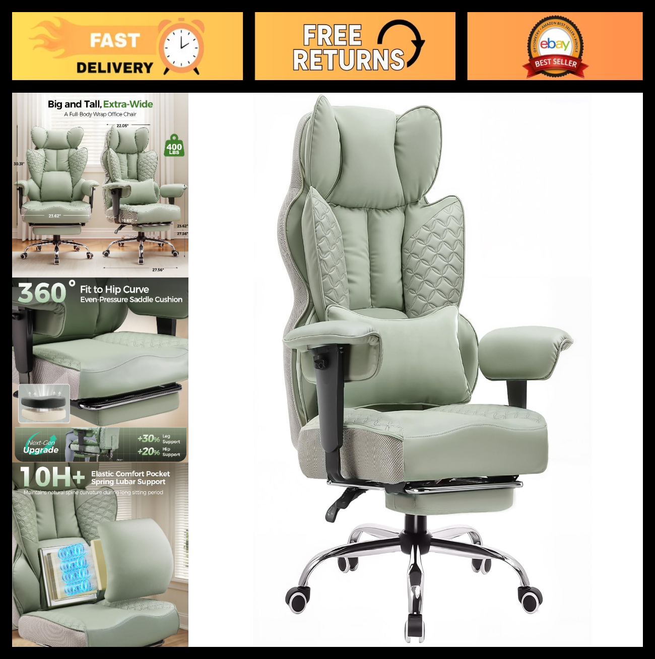 Big & Tall Gaming Chair 400lbs Heavy Duty Ergonomic Office Chair with Footrest,0