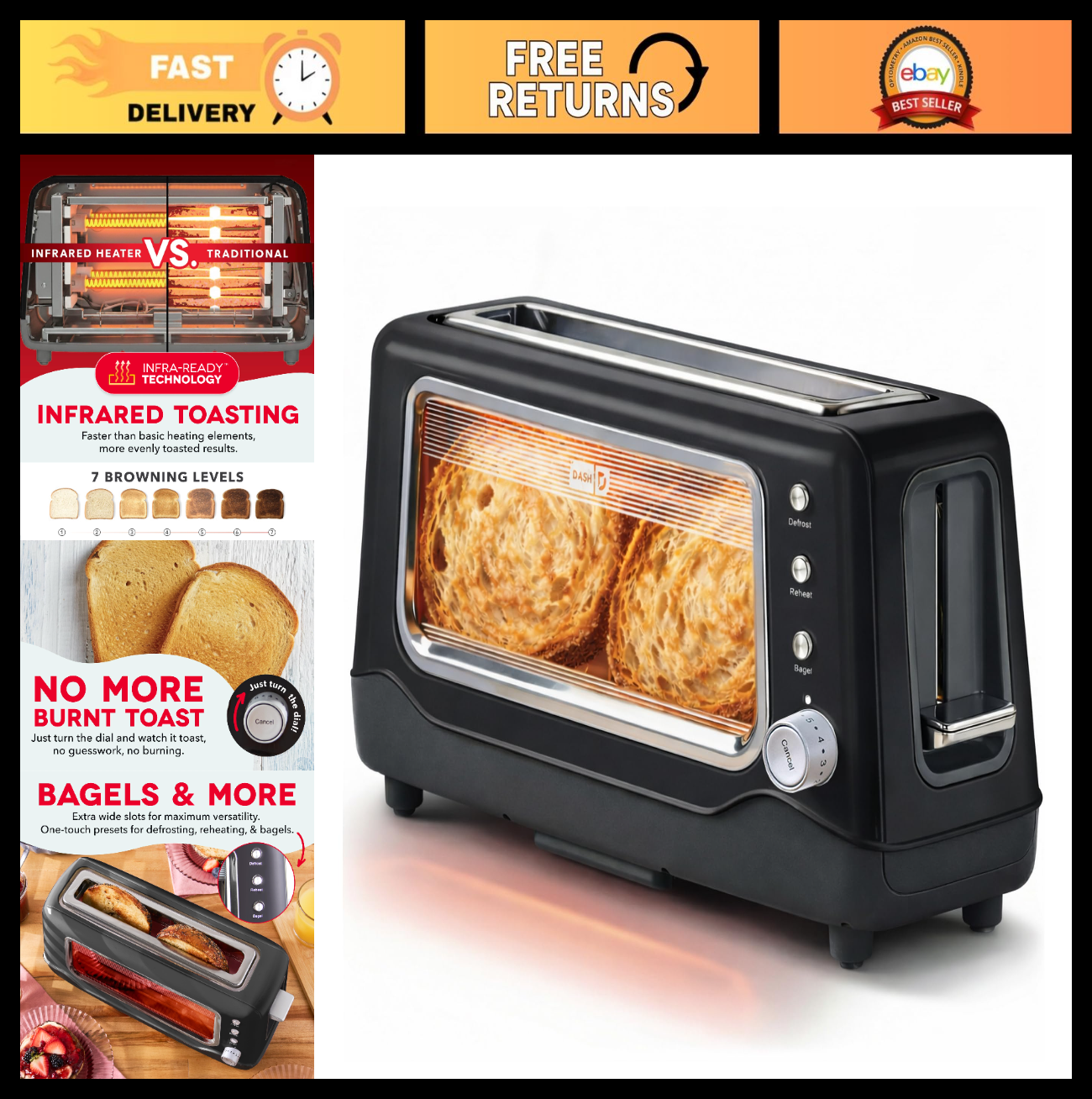 10-Inch Long Slot 2-Slice Toaster with See-Through Window, 7 Browning Levels, Ba0