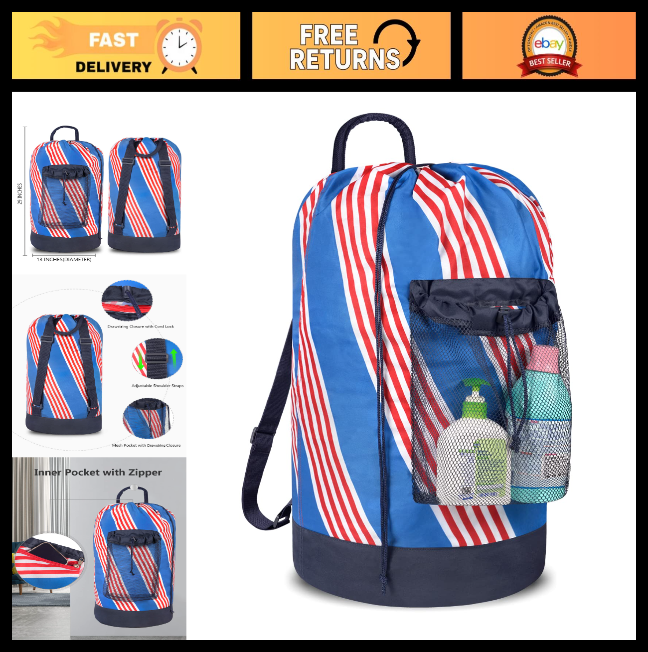 Durable Nylon Backpack Laundry Bag with Shoulder Straps & Mesh Pocket - Ideal fo0