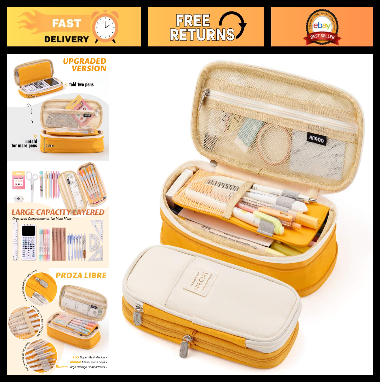 Large Capacity Pencil Case   Big Storage Pouch for School, Office, College   Yel0