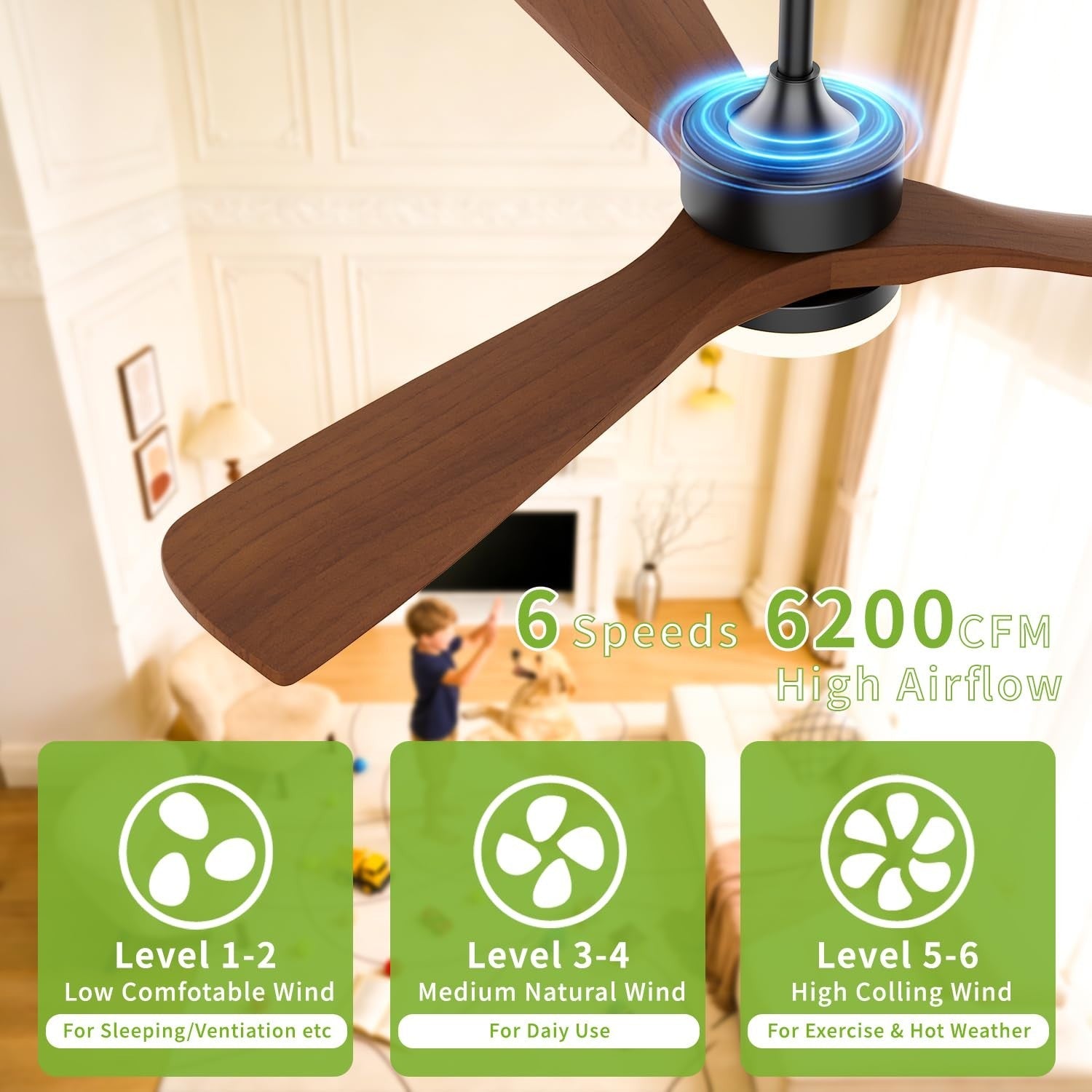 52 Inch Ceiling Fan with Lights, Solid Wood Blades, Ultra Quiet DC Motor, 6 Spee4