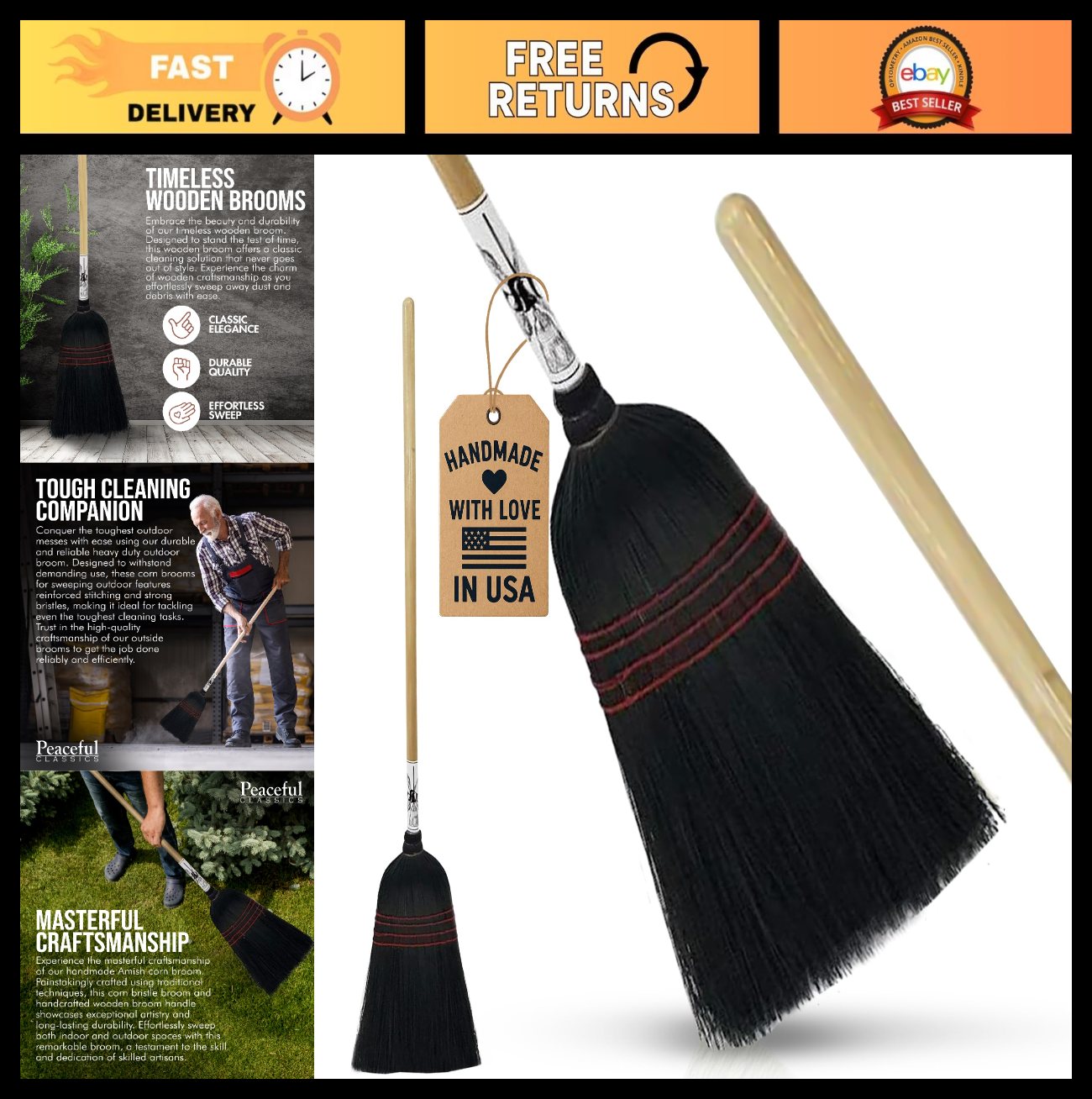 Heavy Duty Corn Broom for Indoor & Outdoor Use, Amish Handmade, Eco-Friendly0