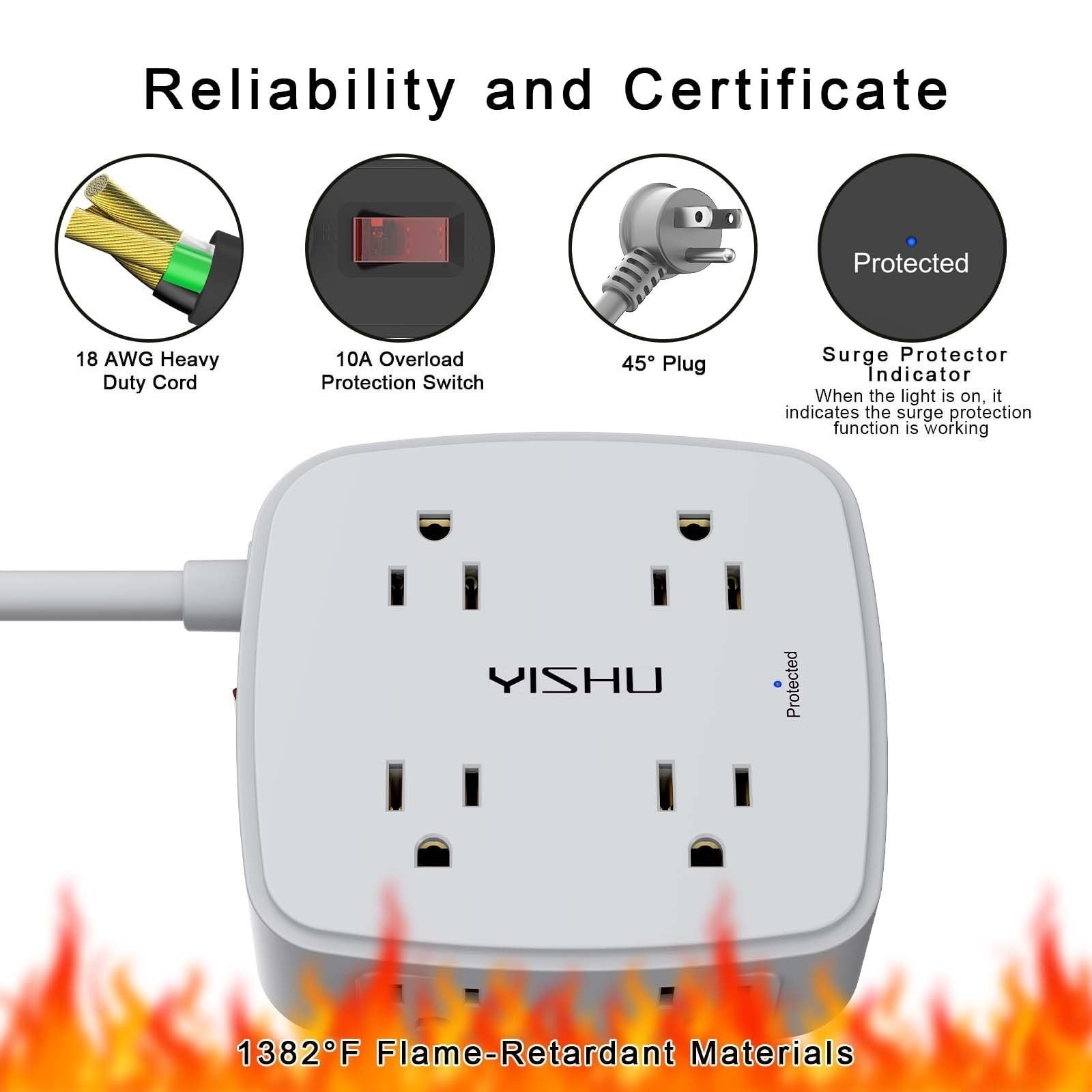 6ft Surge Protector Power Strip, 8 Outlets & 4 USB Ports, Flat Plug, Wall Mount,5