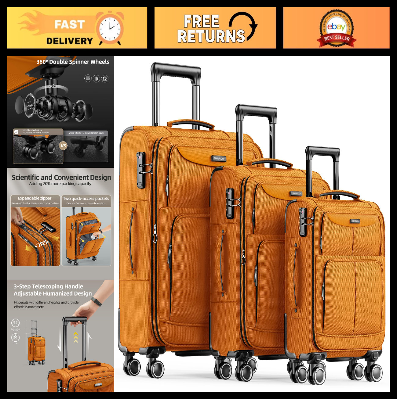 3-Piece Expandable Softside Luggage Set - Durable Oxford Fabric, TSA Lock, 360°0