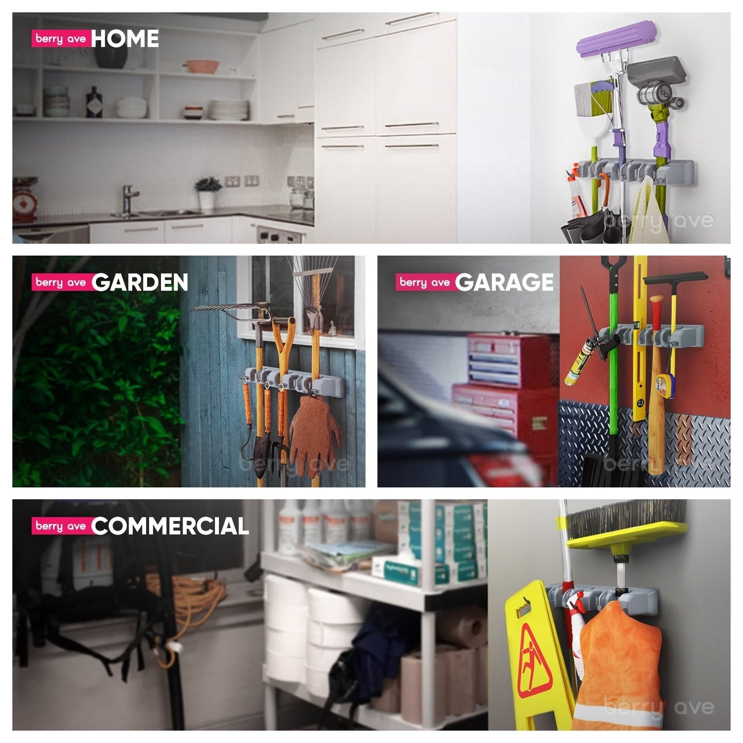 Broom Holder Wall Mount Organizer - 5 Slots & 6 Hooks for Garage, Kitchen, Laund3