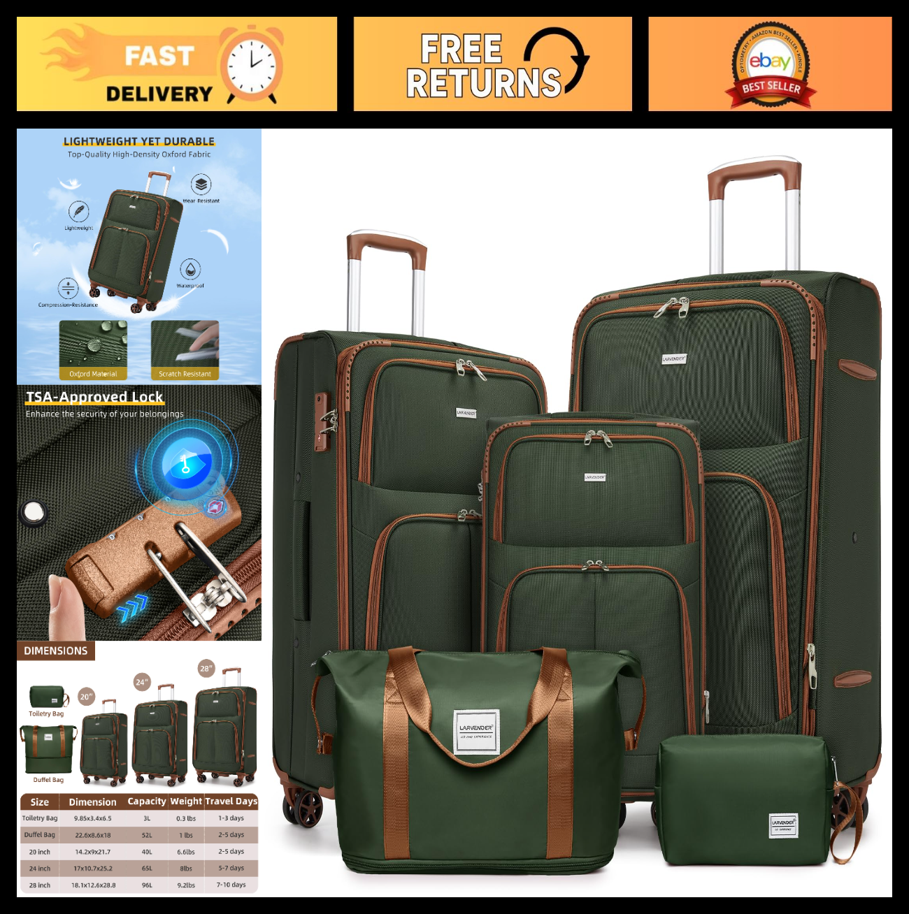 5-Piece Softside Luggage Set - Expandable Suitcases, Lightweight, 360° Wheels, T0