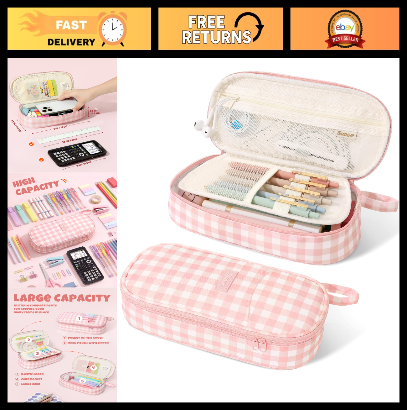 Cute Large Pencil Case, Aesthetic Zipper Pen Pouch, Kawaii Stationery Organizer,0
