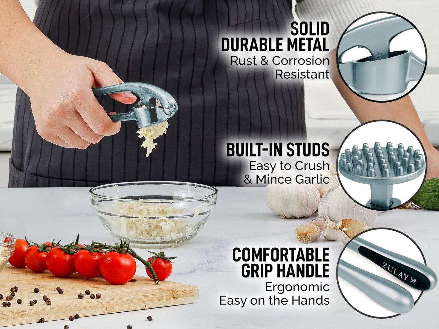 Premium Garlic Press Set   Rust Proof Mincer Tool, Easy Squeeze, Ergonomic Handl7