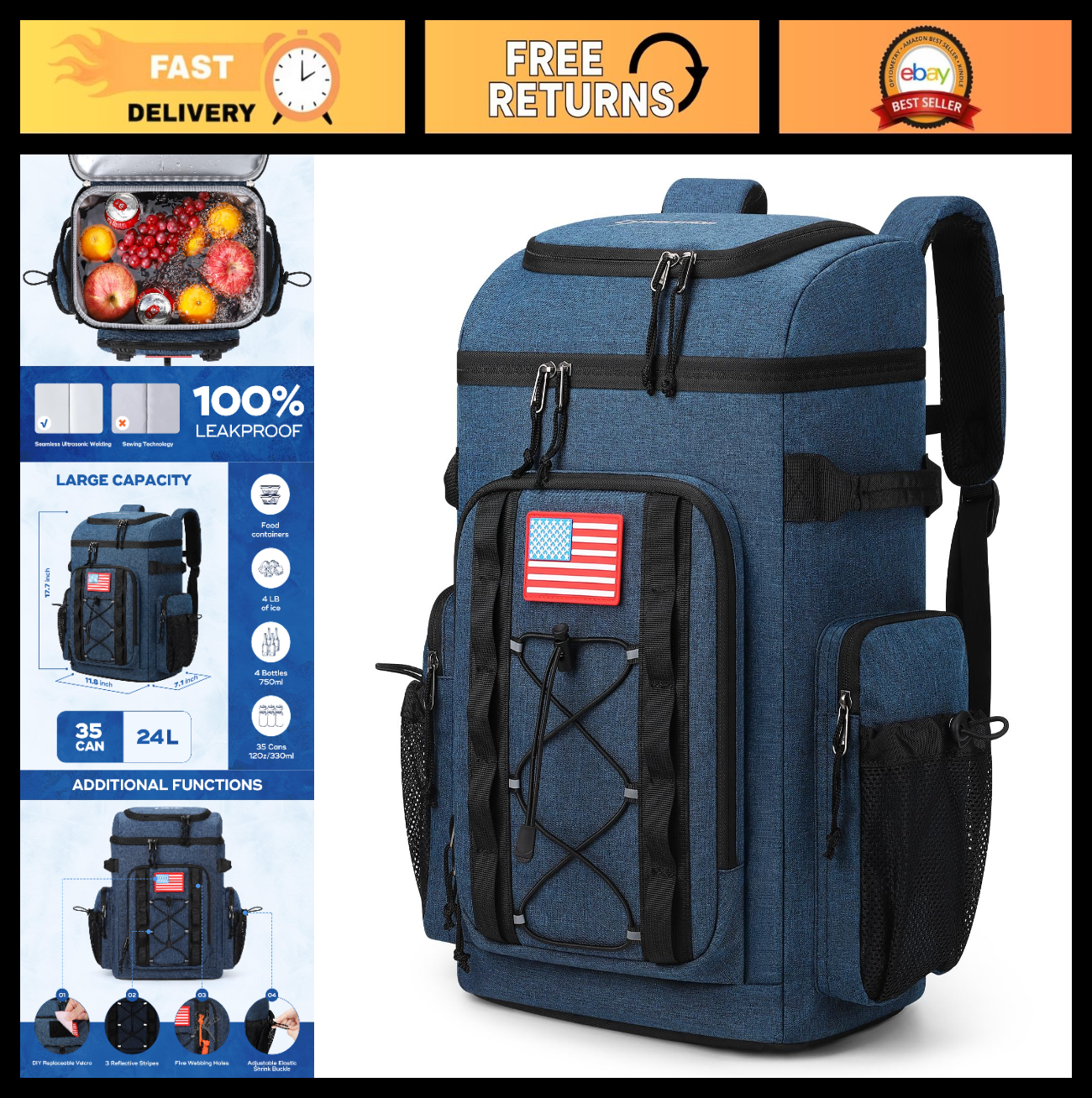 Insulated Backpack Cooler - 35/50 Can, Leakproof Soft Bag, Keeps Food Cold 16H,0