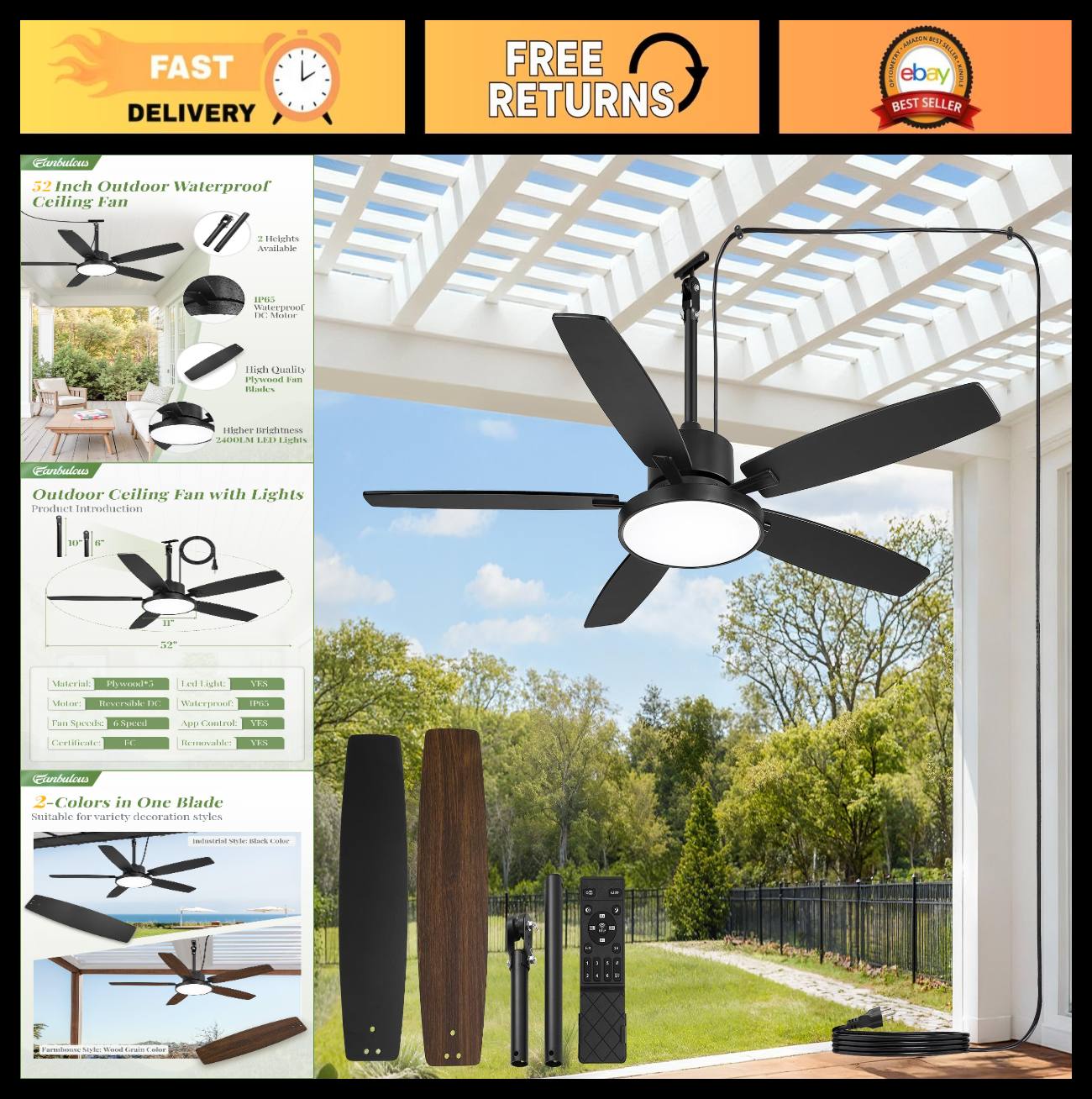52" Waterproof Outdoor Ceiling Fan with Light   IP65 Patio Fan for Deck & Porch0