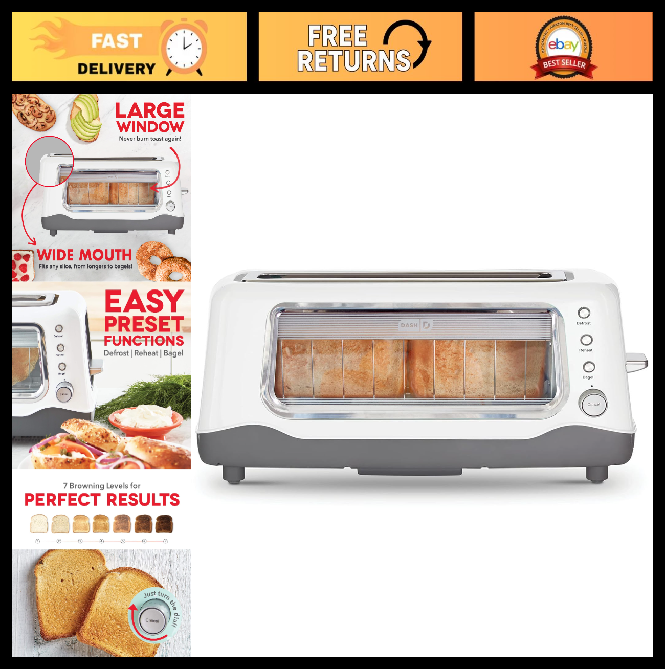 10-Inch Long Slot 2-Slice Toaster with See-Through Window, 7 Browning Levels, Ba0