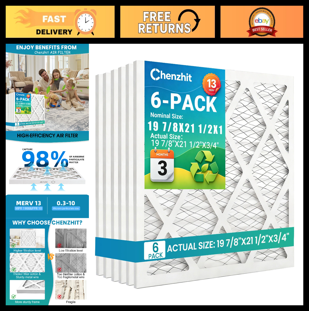 6-Pack MERV 13 Pleated Air Filters 19 7/8"x21 1/2"x3/4" - MPR 1900, FPR 100