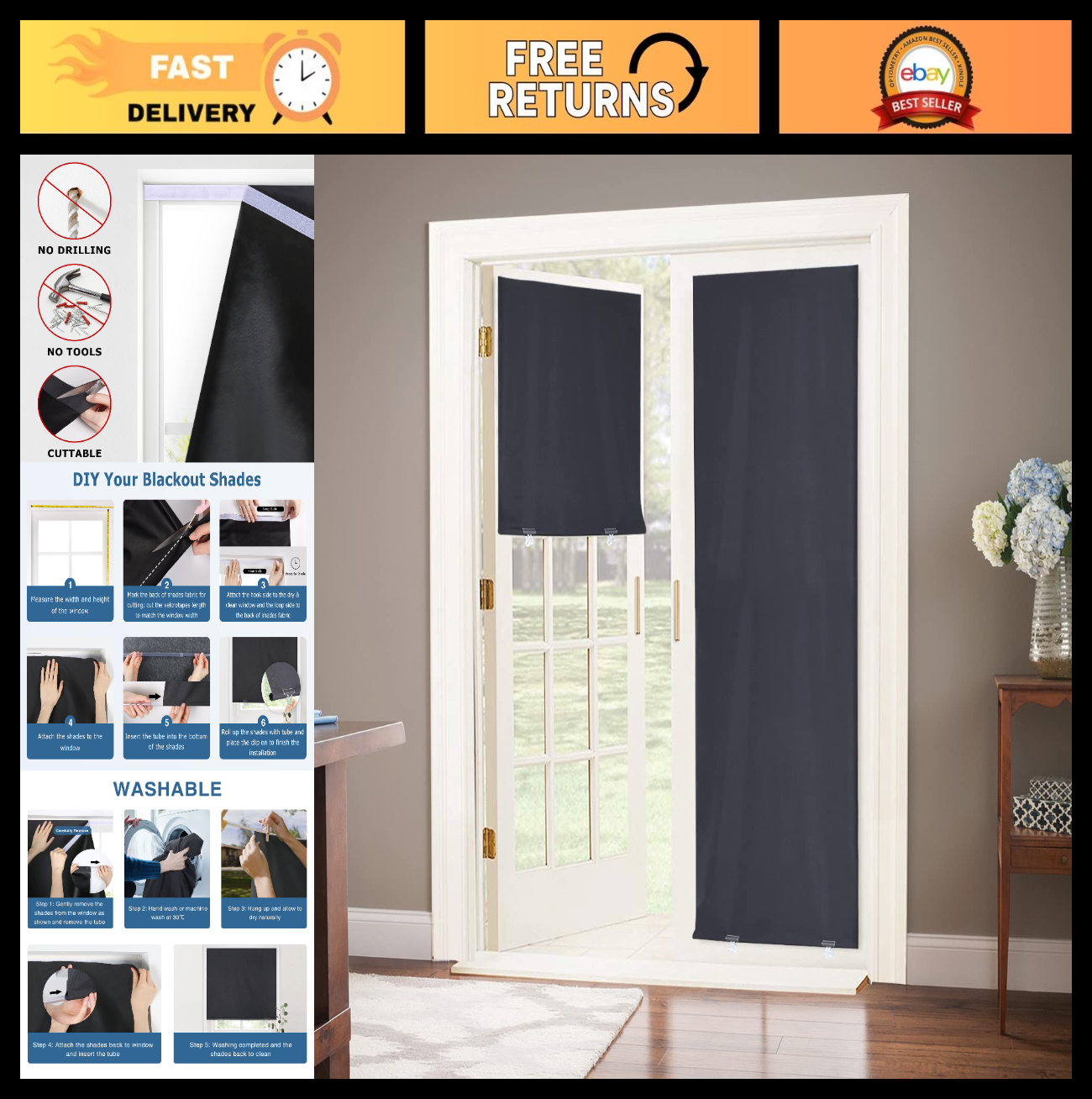 100% Blackout Door Curtain 26"x68", Thermal Insulated, Cordless, UV Protection,0