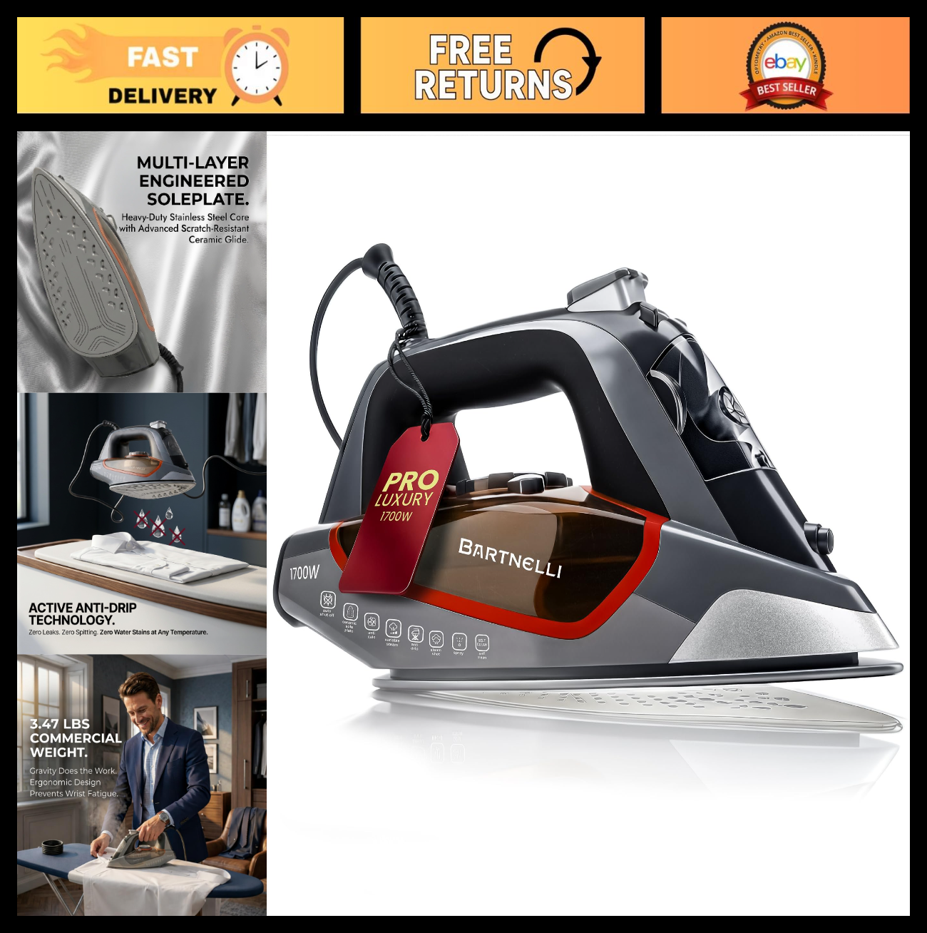 Heavy-Duty 1700W Steam Iron - Multi-Layer Ceramic Soleplate, Anti-Drip, Auto Shu0