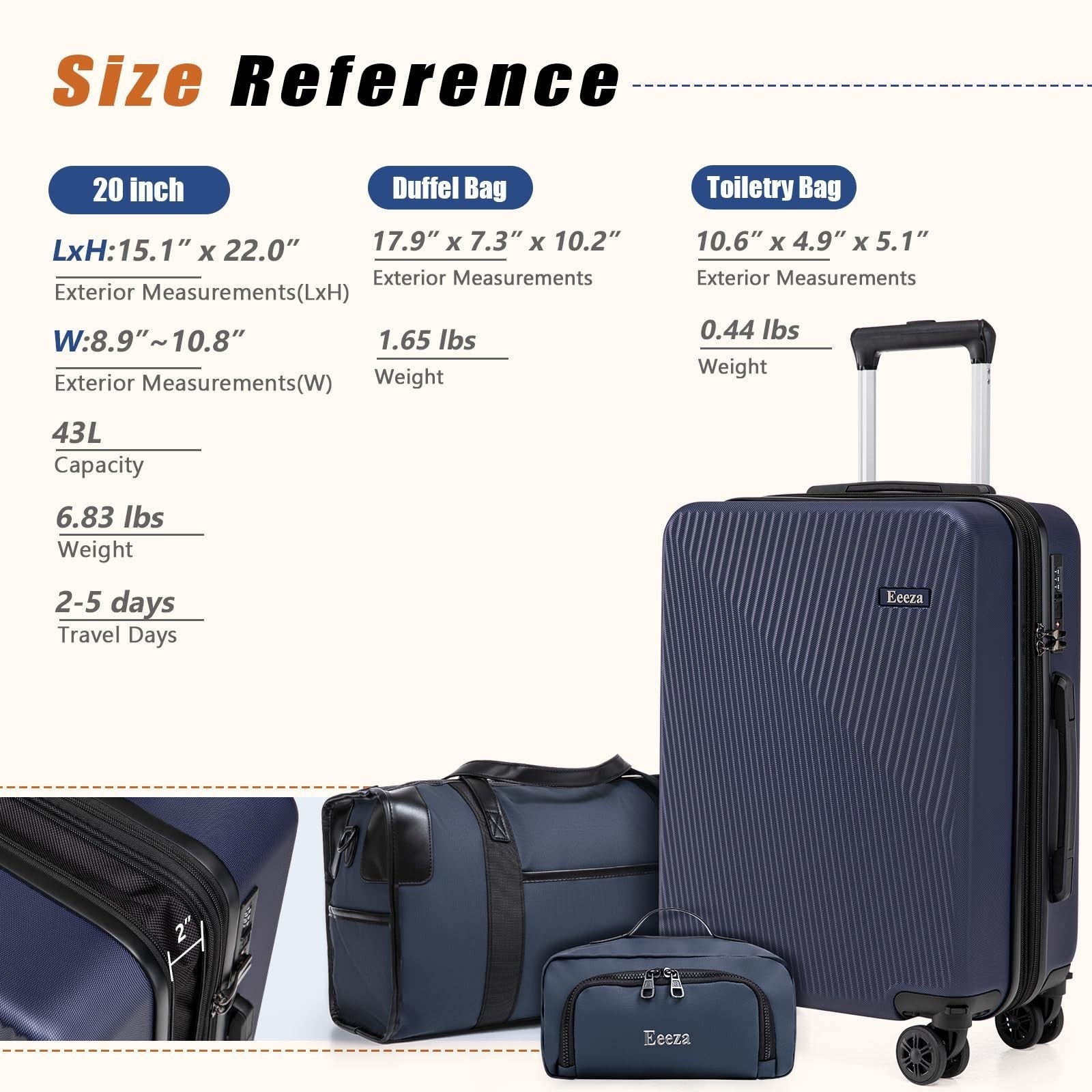 3-Piece Airline Approved Hardcase Luggage Set - 20" Deep Blue, Scratch Resistant8