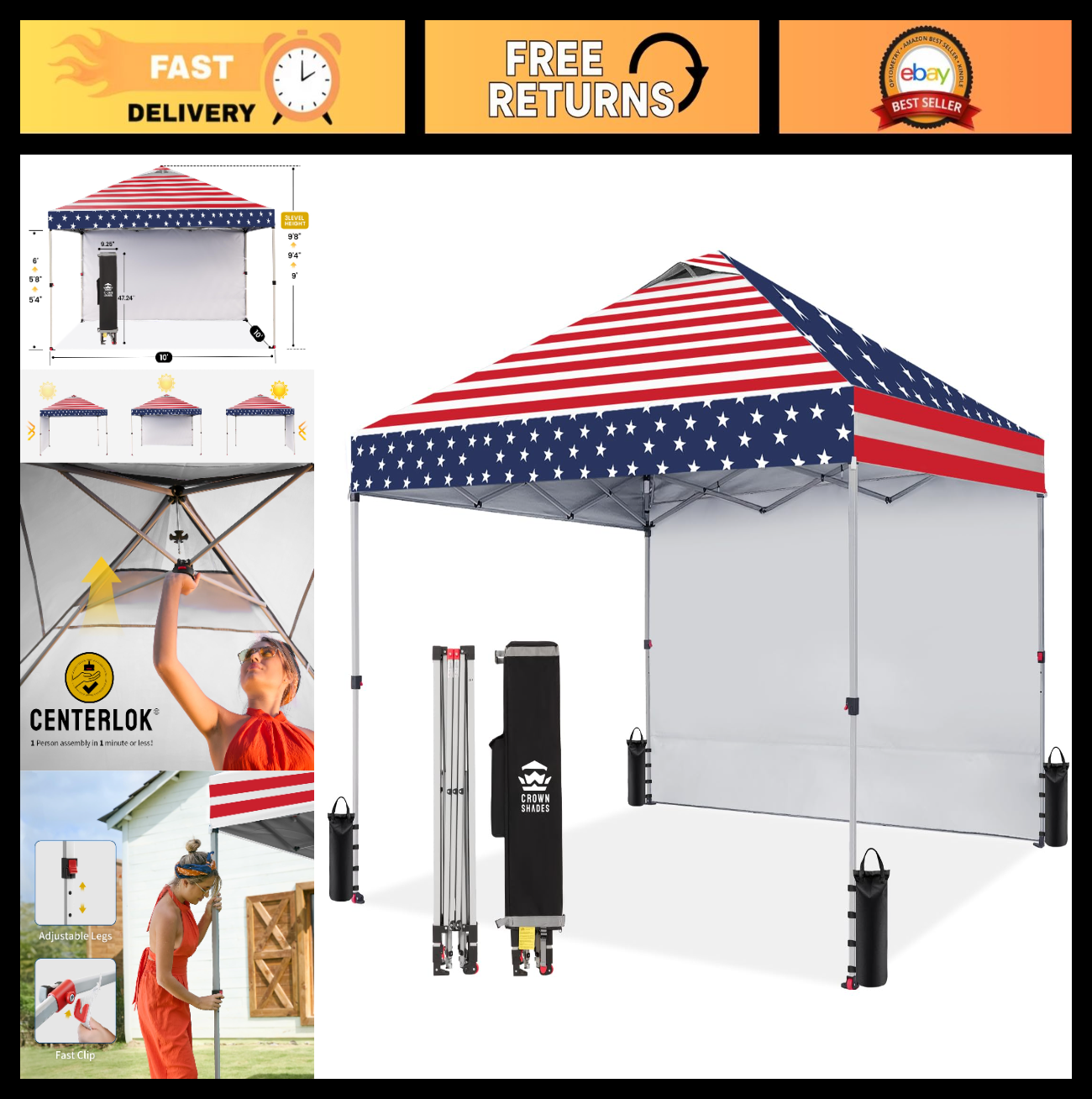 10x10 Pop Up Canopy with Side Wall, American Flag | Easy Setup Outdoor Shelter,0