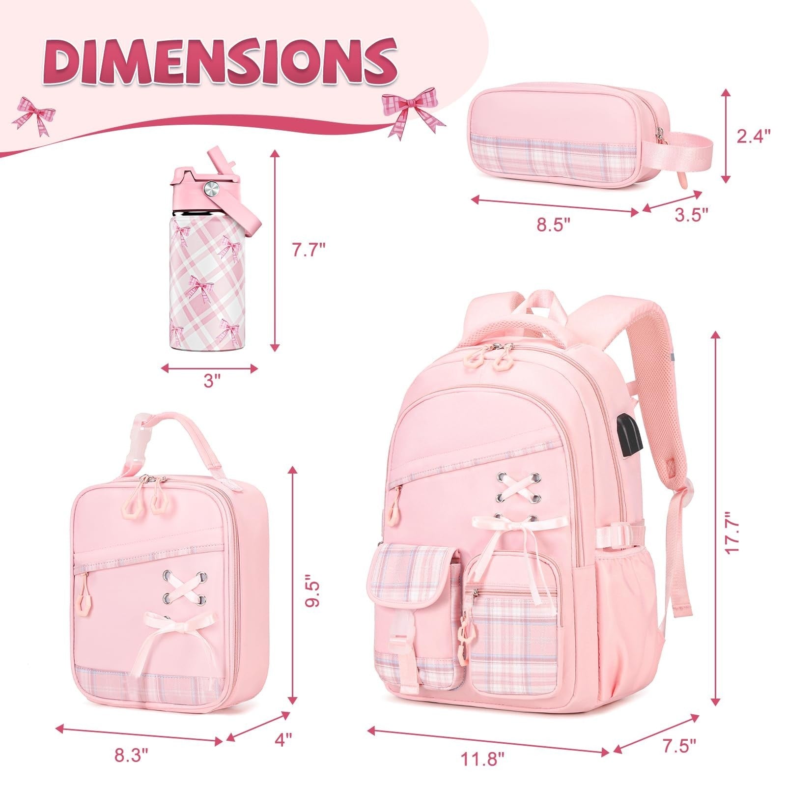 Girls Plaid School Backpack Set with Insulated Water Bottle, Lunch Bag & Pencil2