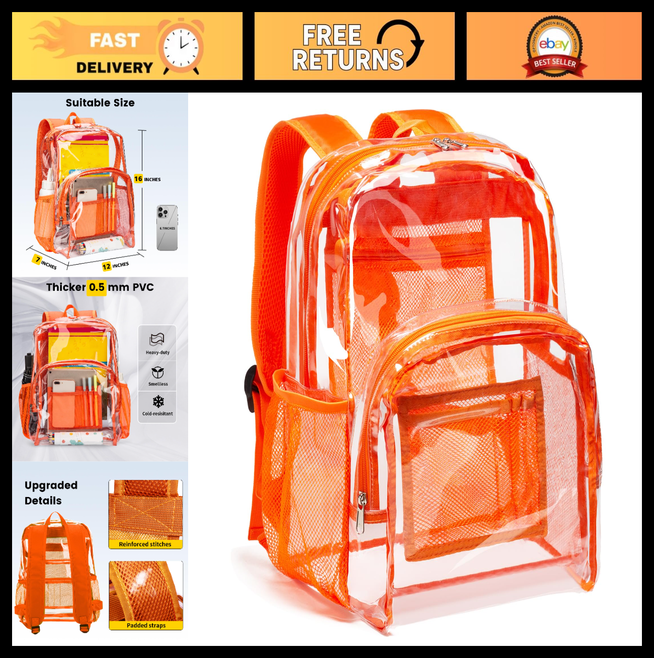 Clear PVC Backpack, Heavy Duty Transparent Bag with Reinforced Straps, Large Cap0