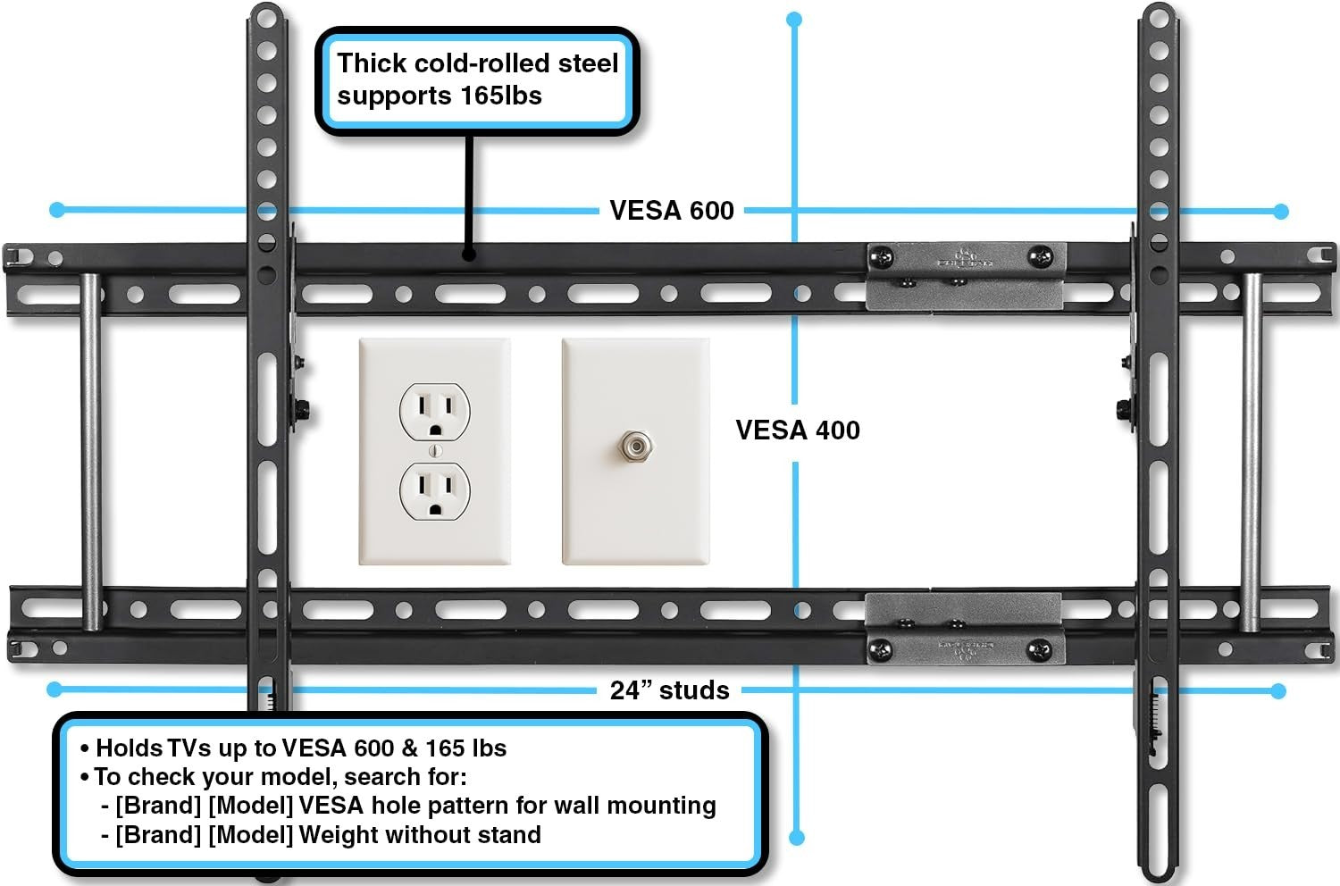 Universal Tilt TV Wall Mount for 32-86" TVs, Max VESA 600x400mm, 165lbs, 10ft HD2