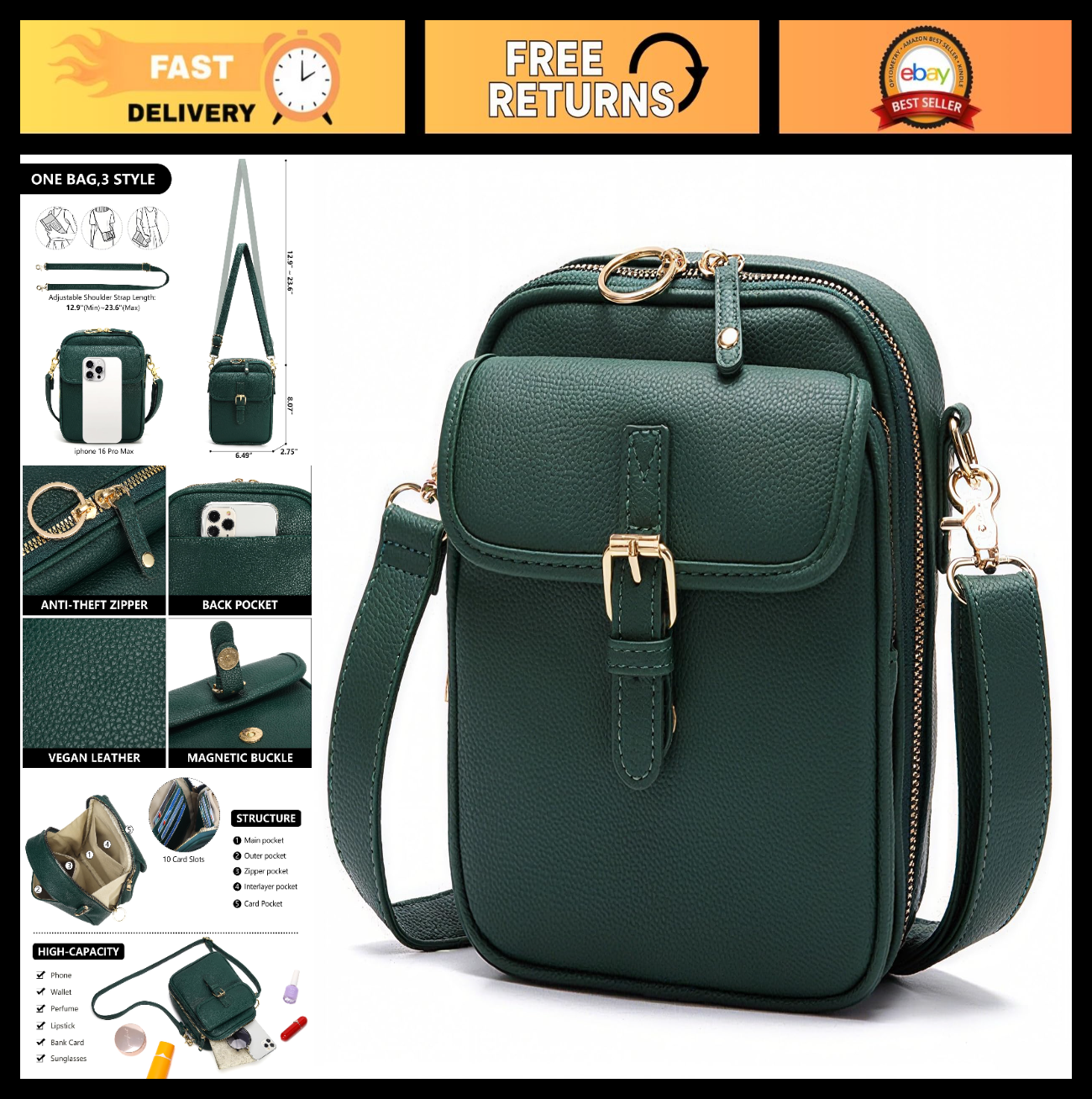 Vegan Leather Crossbody Bag for Women - Vintage Anti-Theft Messenger Purse with0