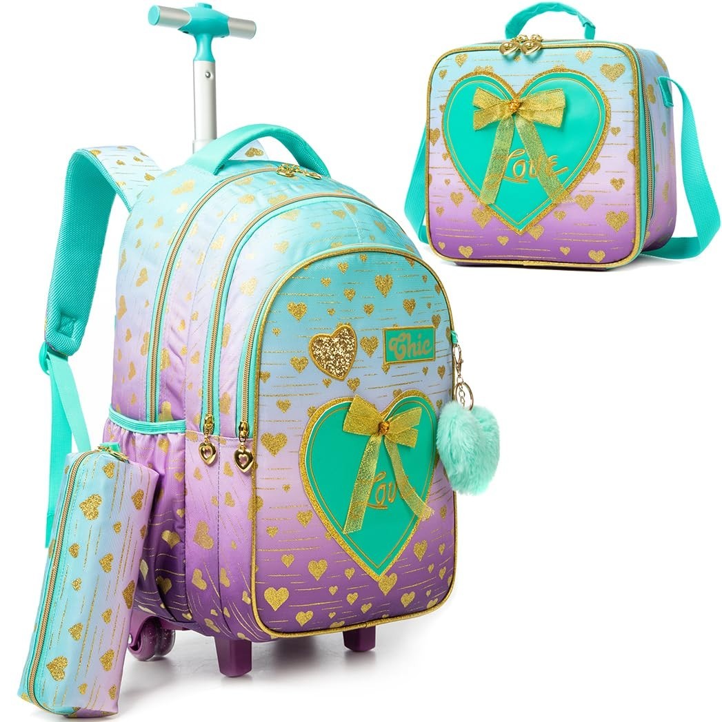 Rolling Backpack for Girls   Wheeled Kids Backpack with Lunch Box, 3 in 1 Travel1