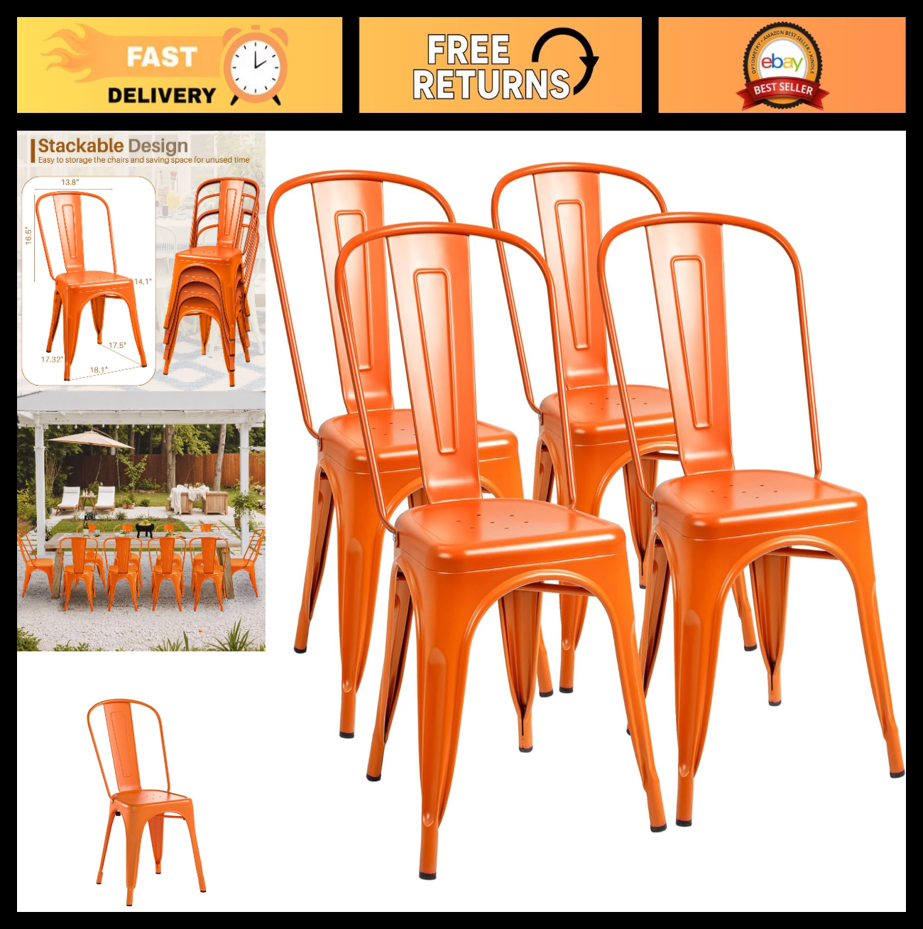 Stackable Metal Dining Chairs Set of 4   Chic Bistro Cafe Side Chairs, Indoor/Ou0