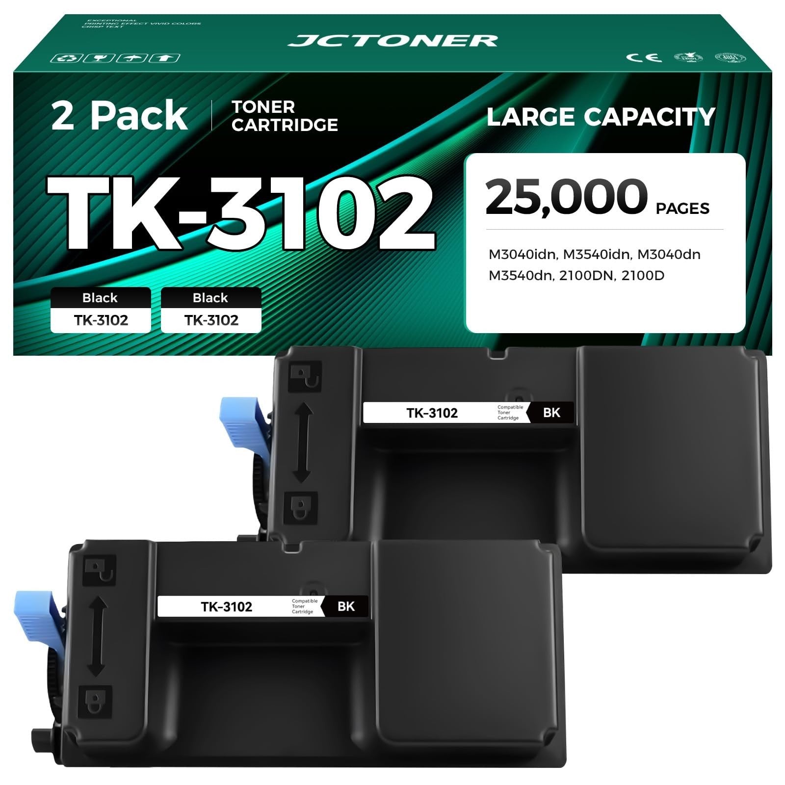 High Yield Black Toner Cartridge 2-Pack Compatible for Kyocera FS-2100 M3040 Pri1
