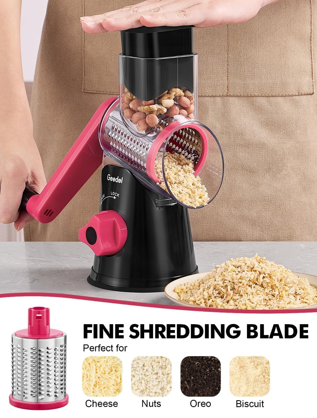 Hand Crank Rotary Cheese Grater & Vegetable Slicer   3 Blades, Stainless Steel,6